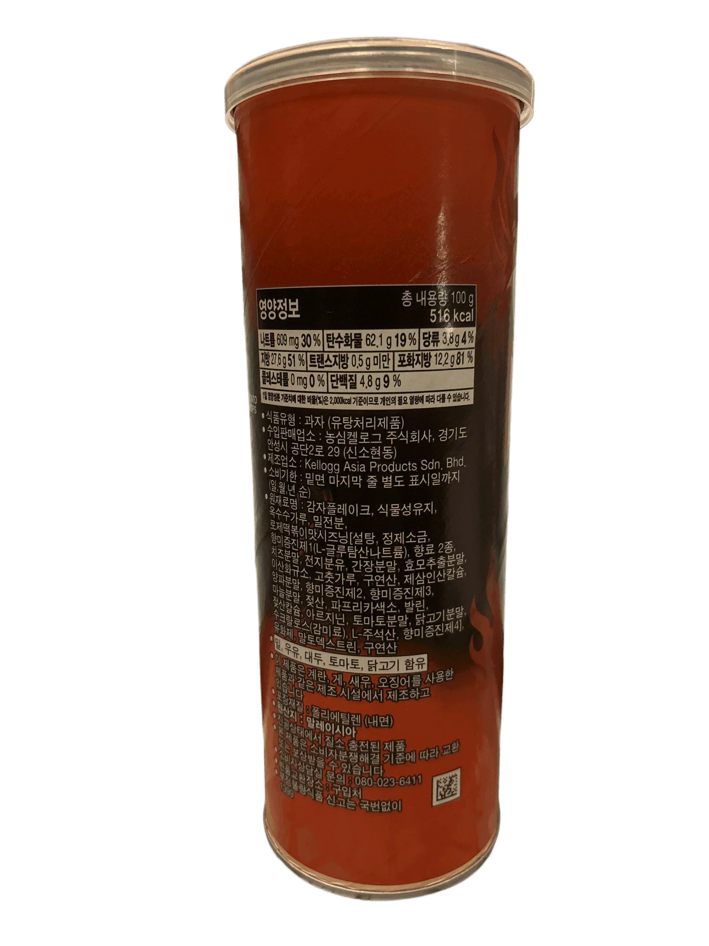 Back of red snack canister with Korean nutritional and ingredient information.