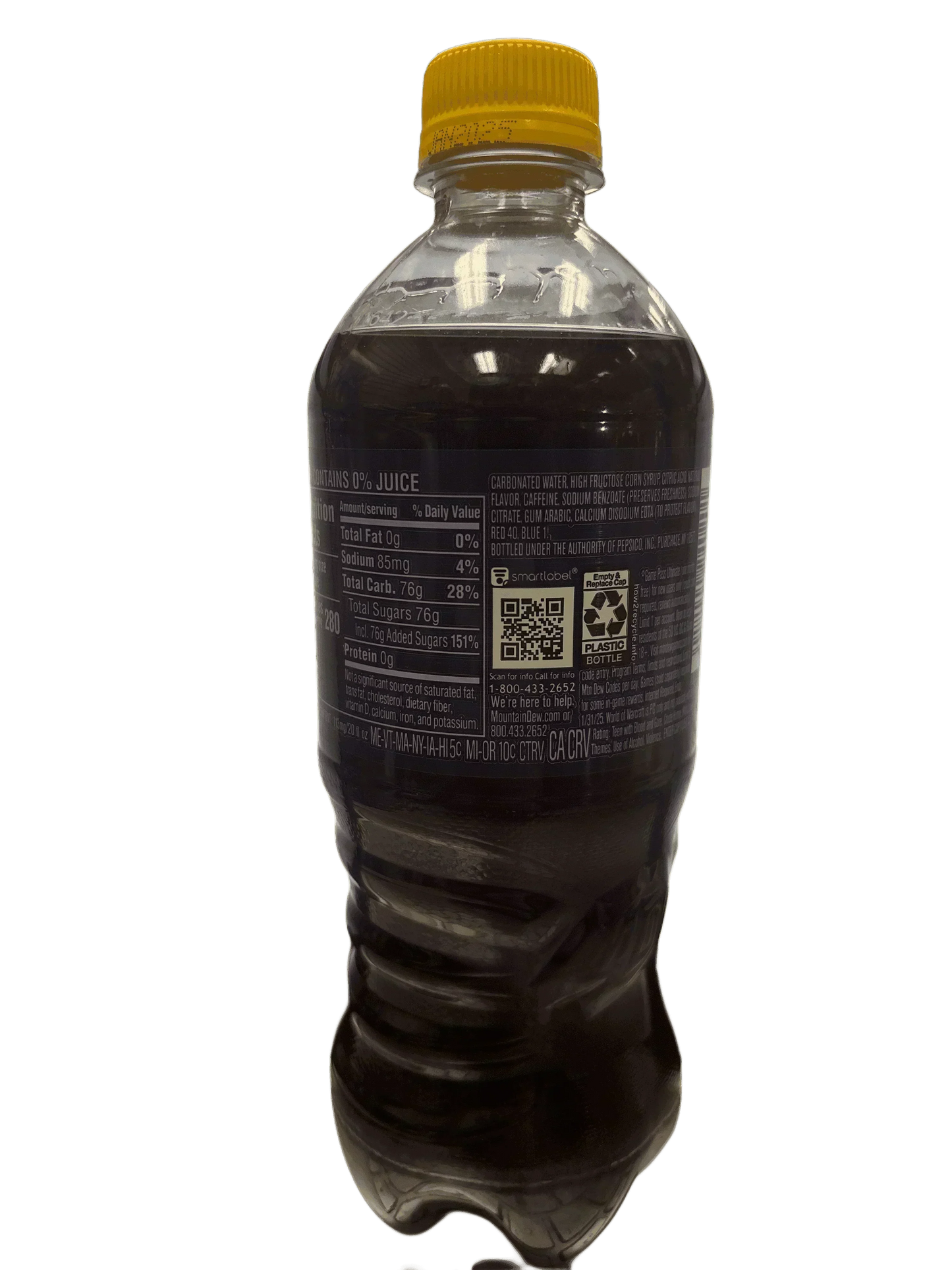 Imported exotic soda bottle with yellow cap and nutrition label, dark drink inside