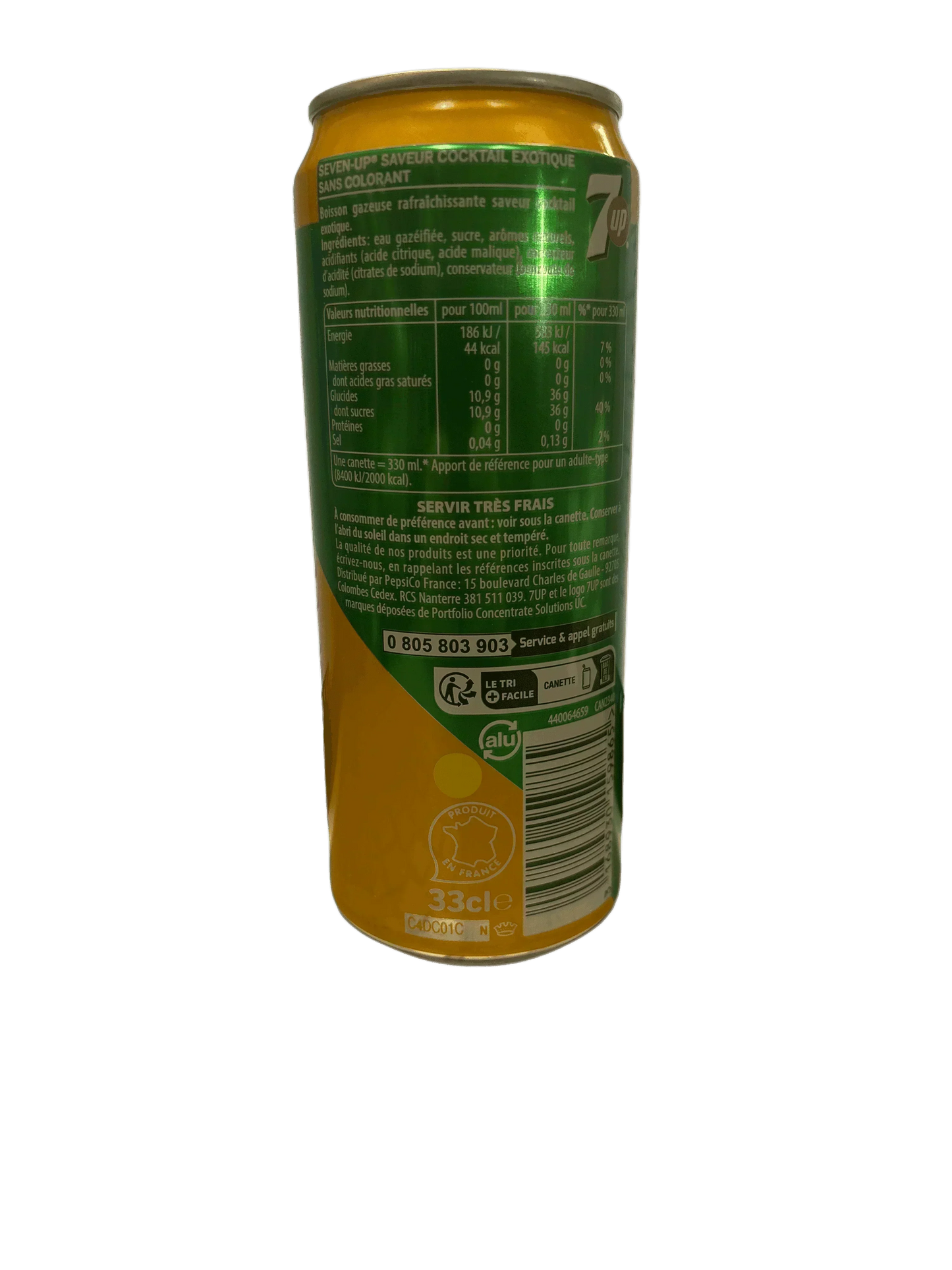 Exotic flavor 7UP soda can with French nutrition label, imported drink, 330ml aluminum can