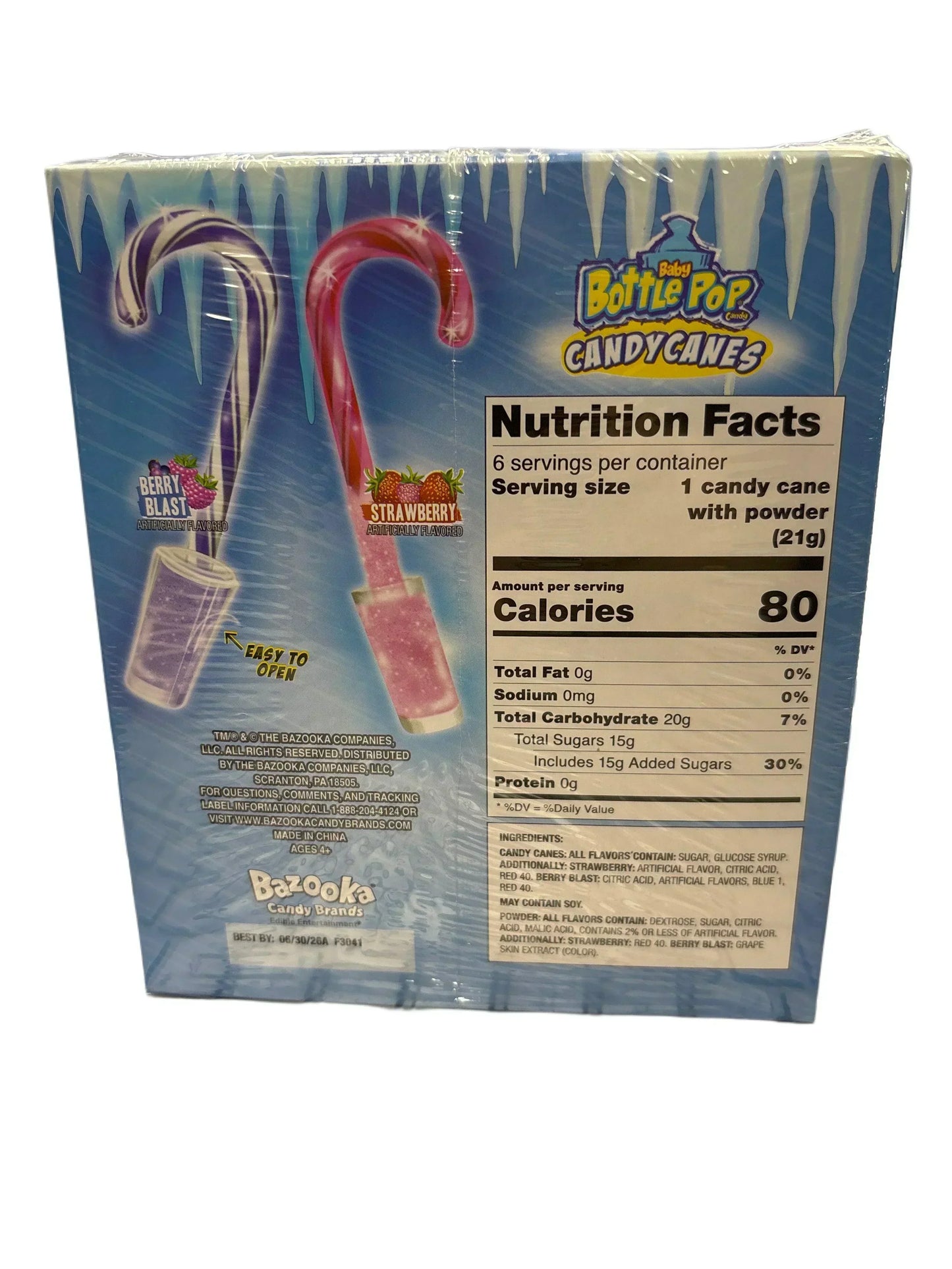 Baby Bottle Pop candy canes in berry blast and strawberry flavors, nutrition facts on packaging