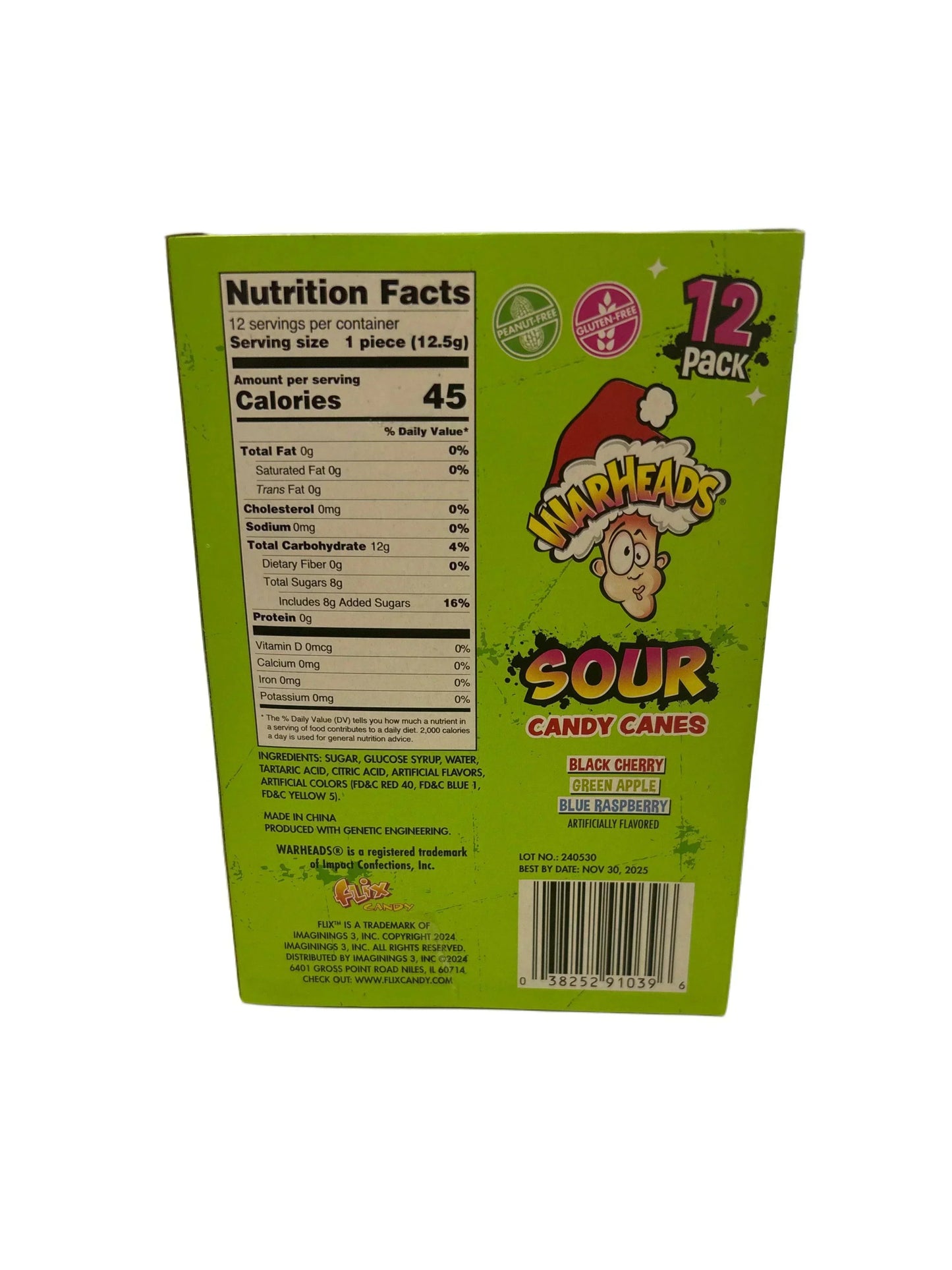 Back of Warheads Sour Candy Canes box with nutrition facts and flavor list on bright green packaging.