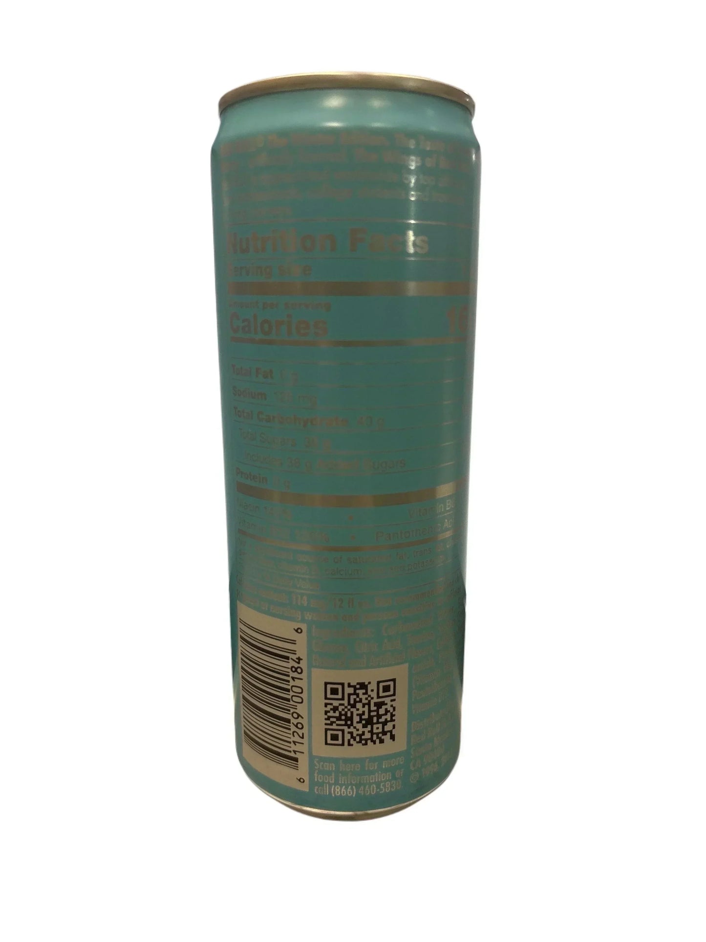 Back view of a blue exotic imported drink can showing nutrition facts and barcode