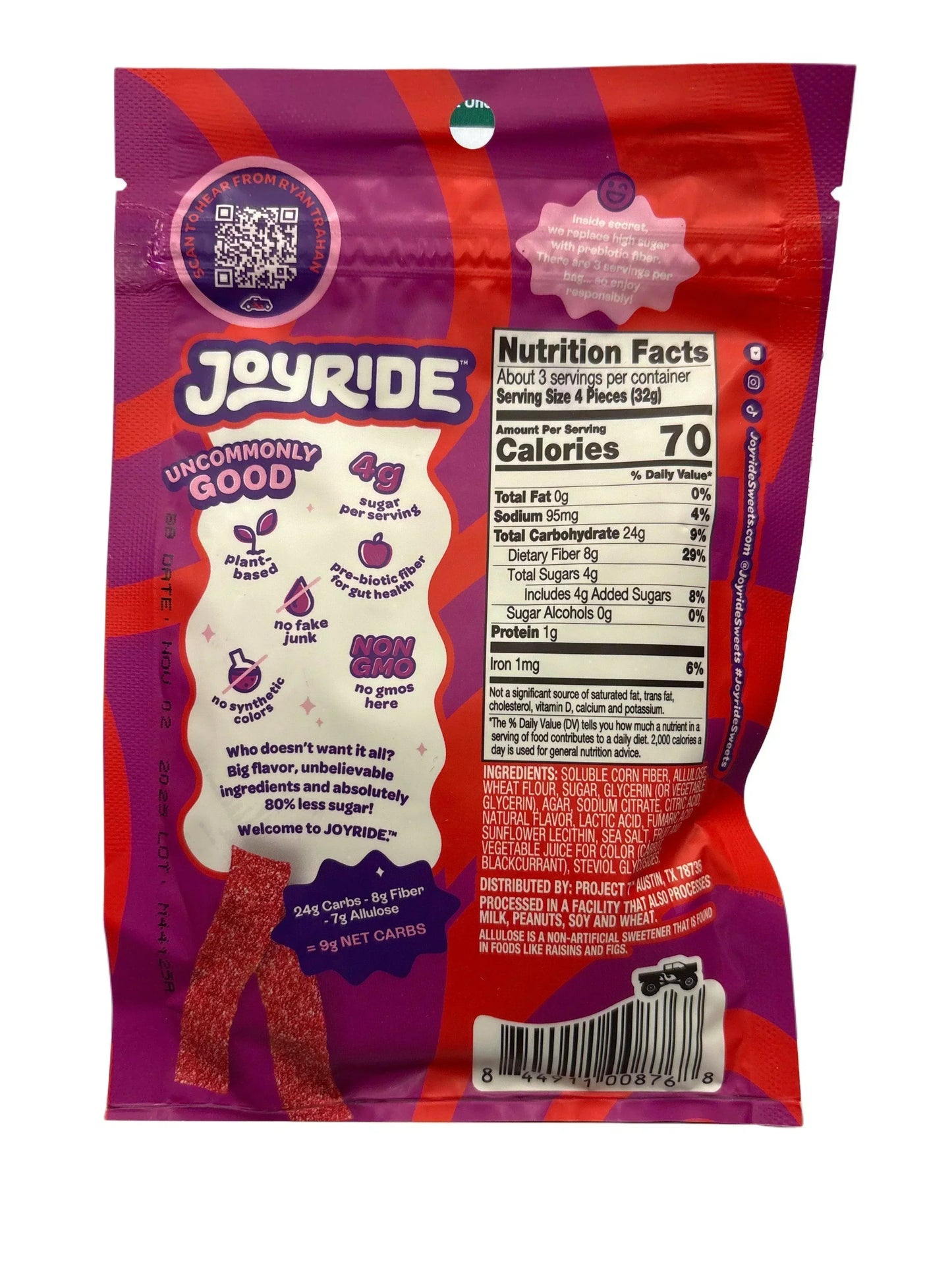 Joyride plant-based exotic snack candy package with nutrition facts and ingredients list