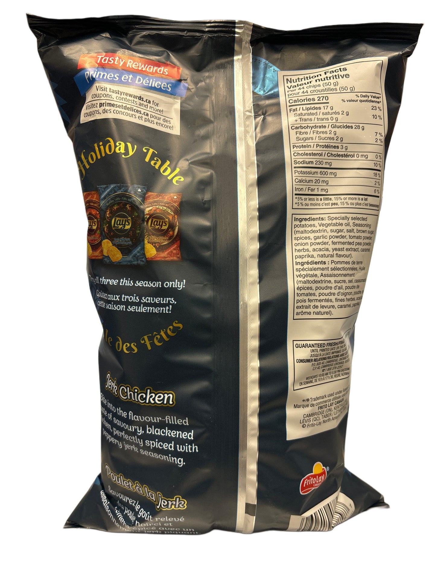Back of Lay's Jerk Chicken flavored potato chips bag with nutrition facts and product description