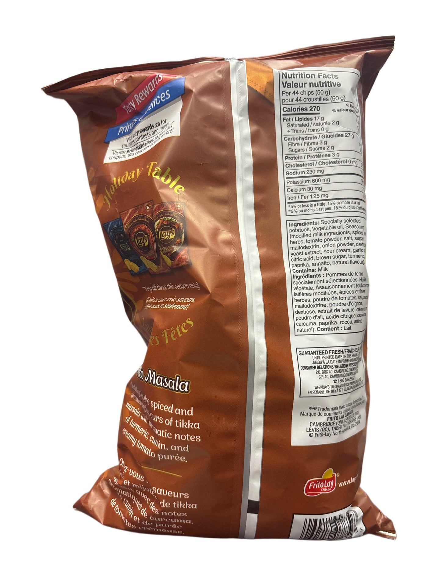 Back of Lay's Tikka Masala chips bag showing ingredients, nutrition facts, and product image