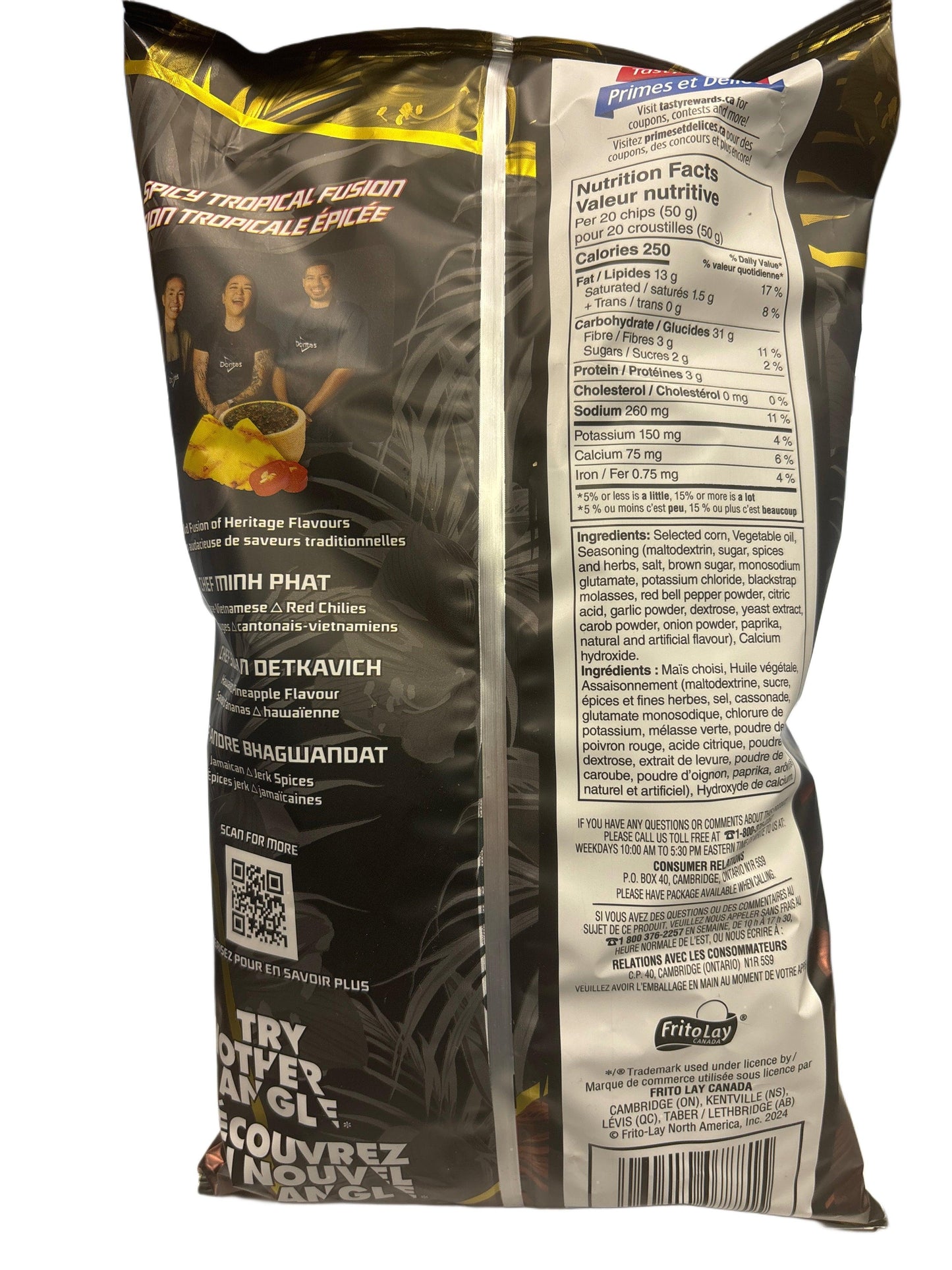 Back of exotic spicy chip bag with nutrition facts, ingredients, and tropical fusion graphics