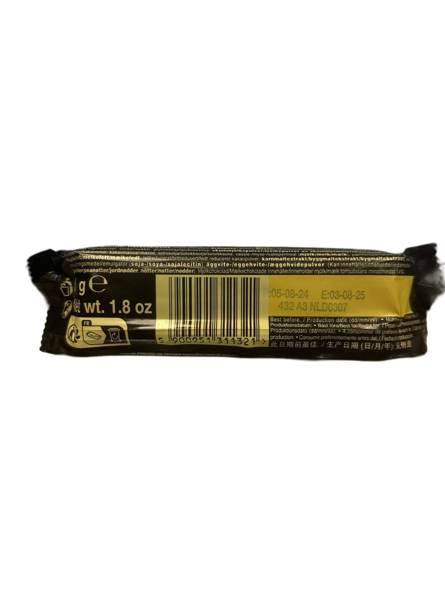 Back of exotic chocolate bar with nutrition label and barcode, 1.8 oz, for snack shop