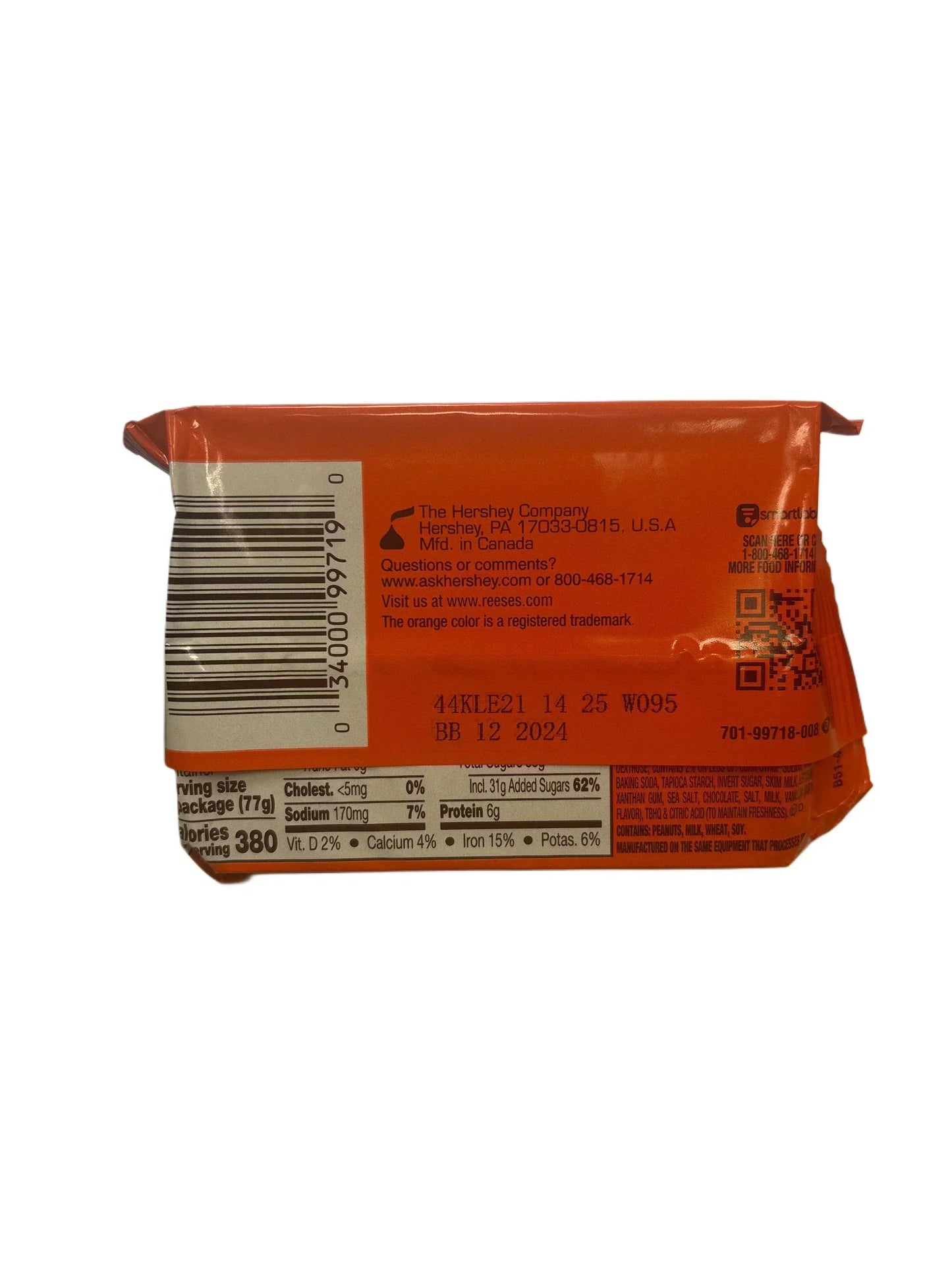 Back of exotic orange candy bar showing nutrition facts and barcode