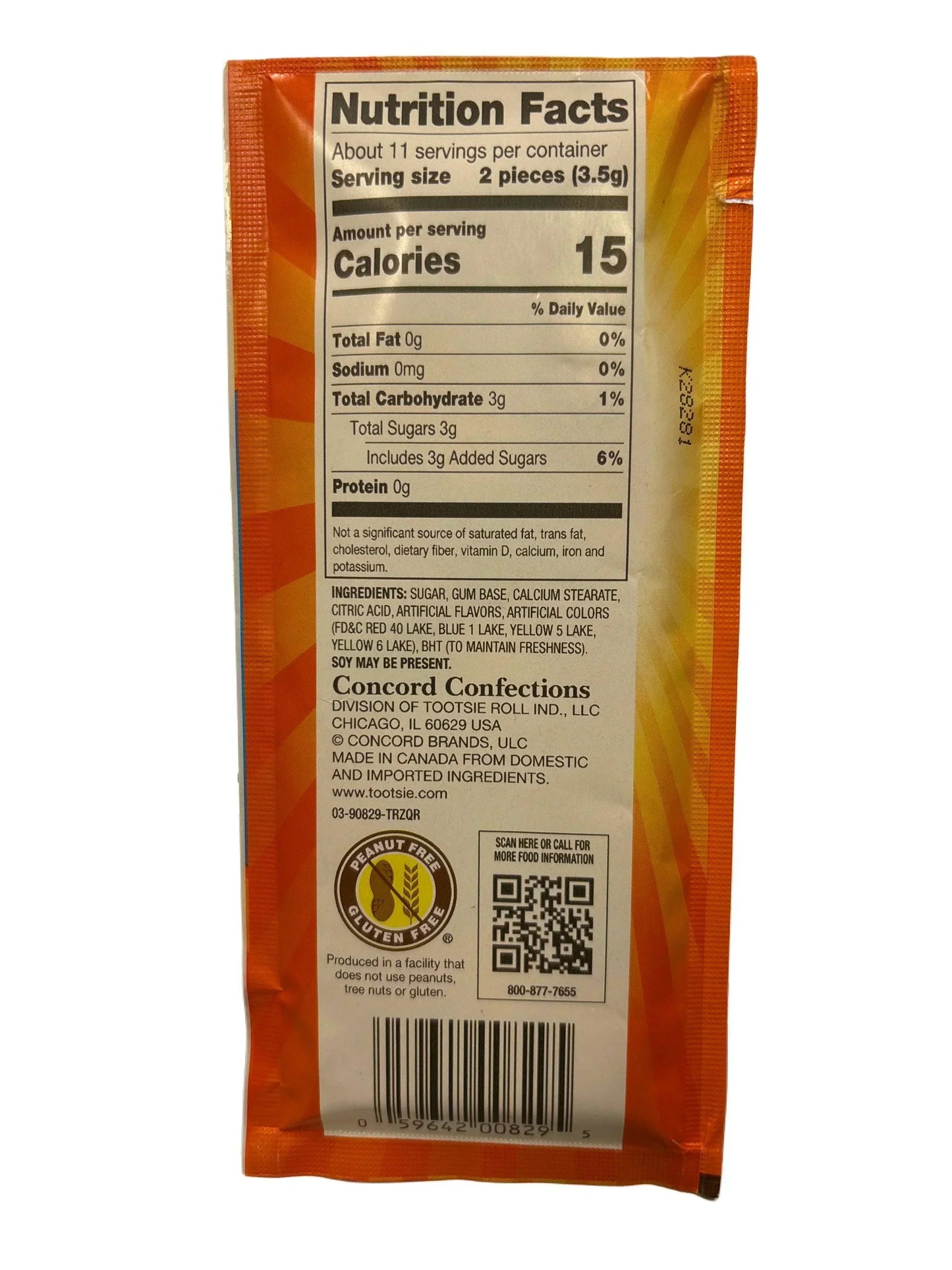 Back of exotic candy package with nutrition facts, ingredients, and allergen info visible