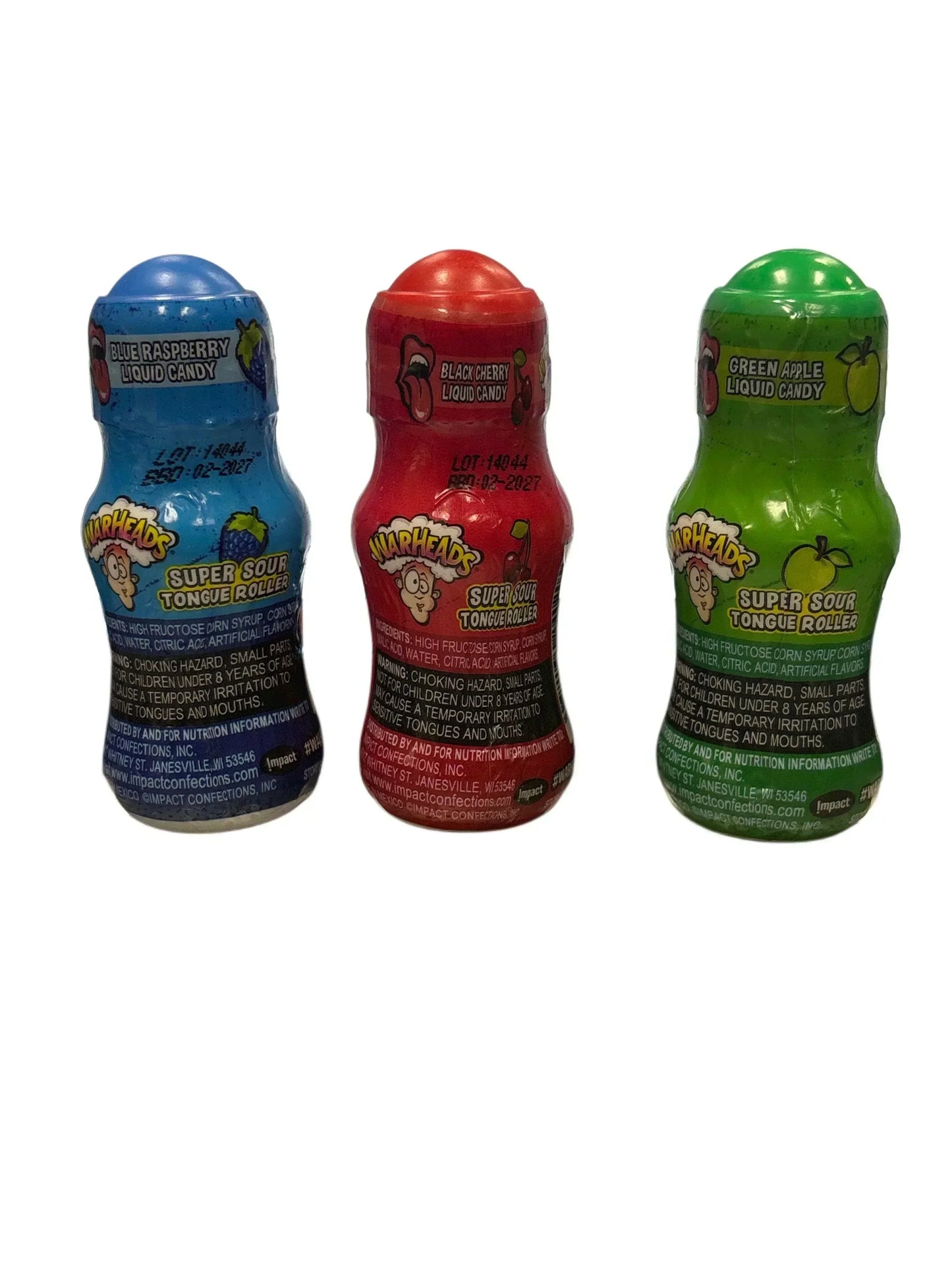 Warheads super sour liquid candy rollers in blue raspberry, black cherry, and green apple flavors