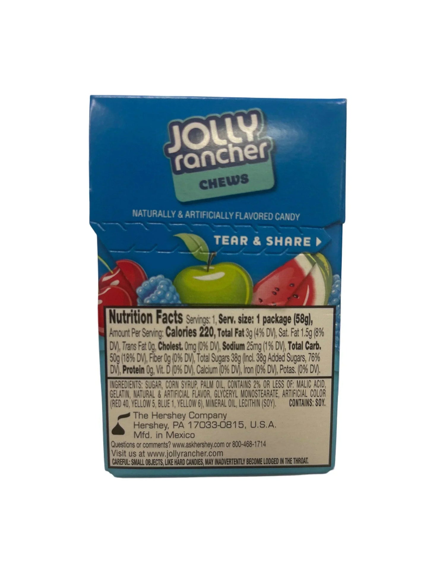 Jolly Rancher Chews candy box with nutrition facts and fruit flavors on packaging