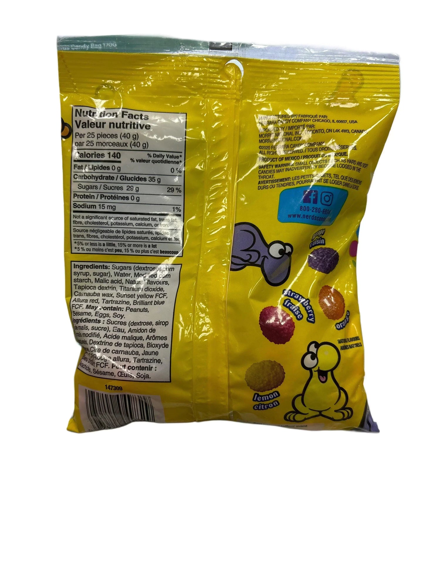Back of exotic candy bag with nutrition facts, bright yellow design, and cartoon character.