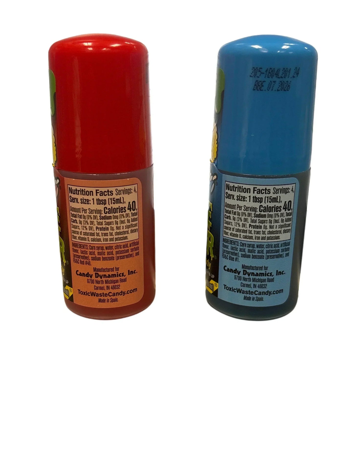 Two colorful bottled candy liquid snacks, one red and one blue, with visible nutrition labels.