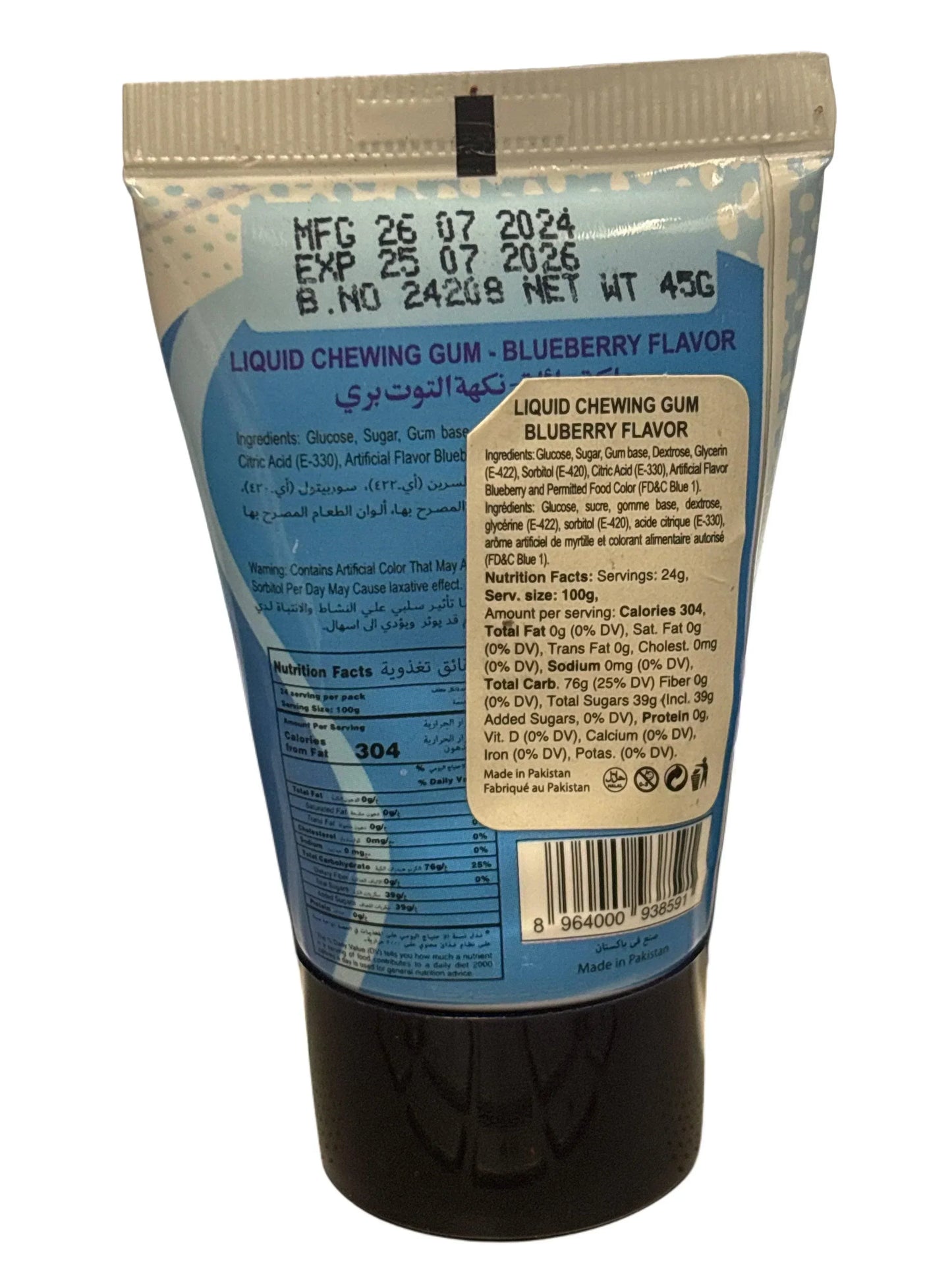 Liquid chewing gum blueberry flavor in tube packaging, nutritional info and barcode visible