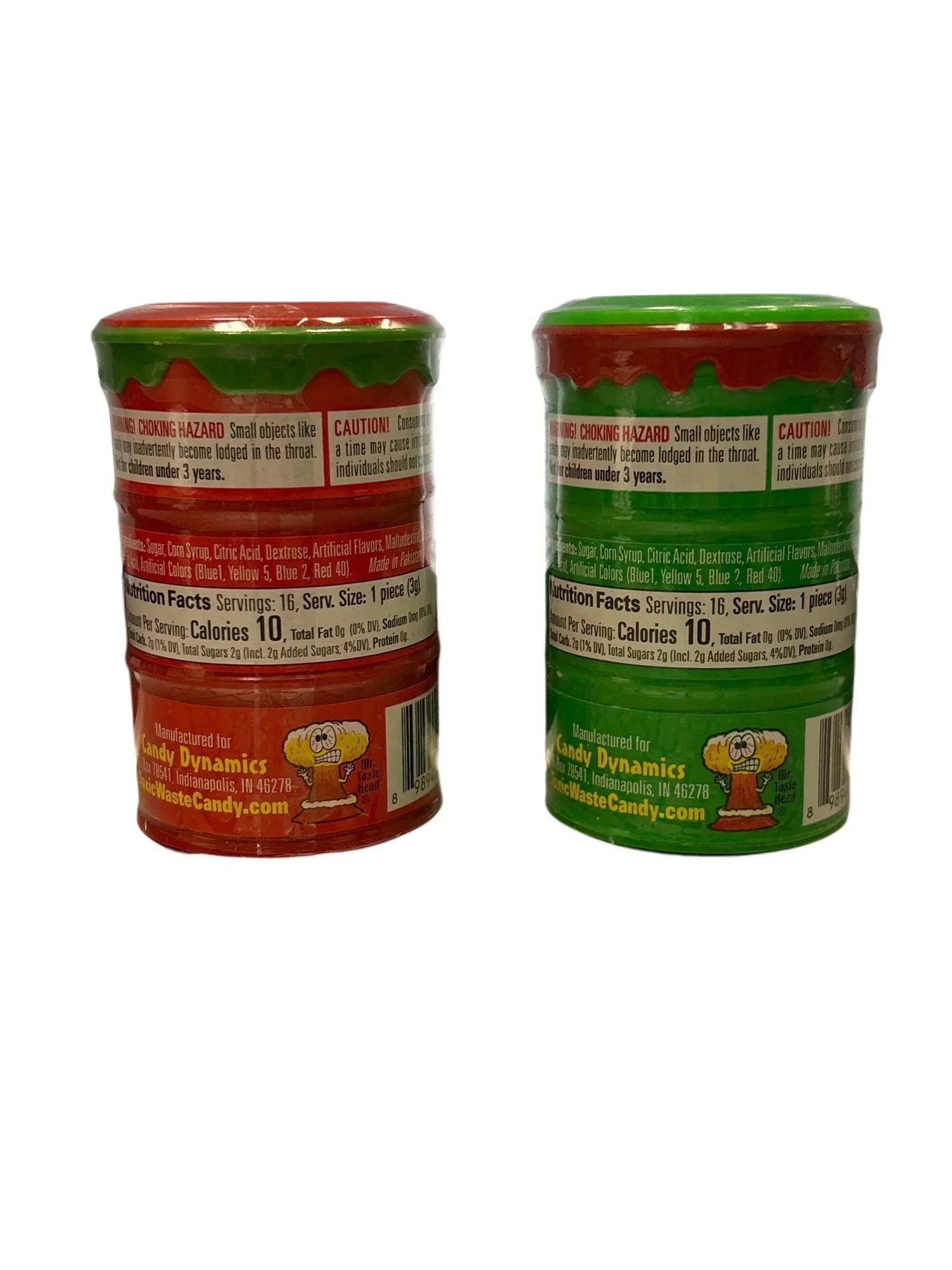 Two colorful sour candy containers with red and green packaging, back label visible