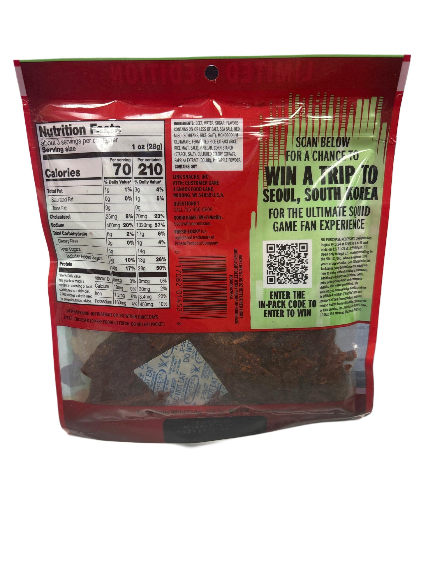 Back of exotic beef jerky snack package with nutrition facts, ingredients, and Seoul trip promo