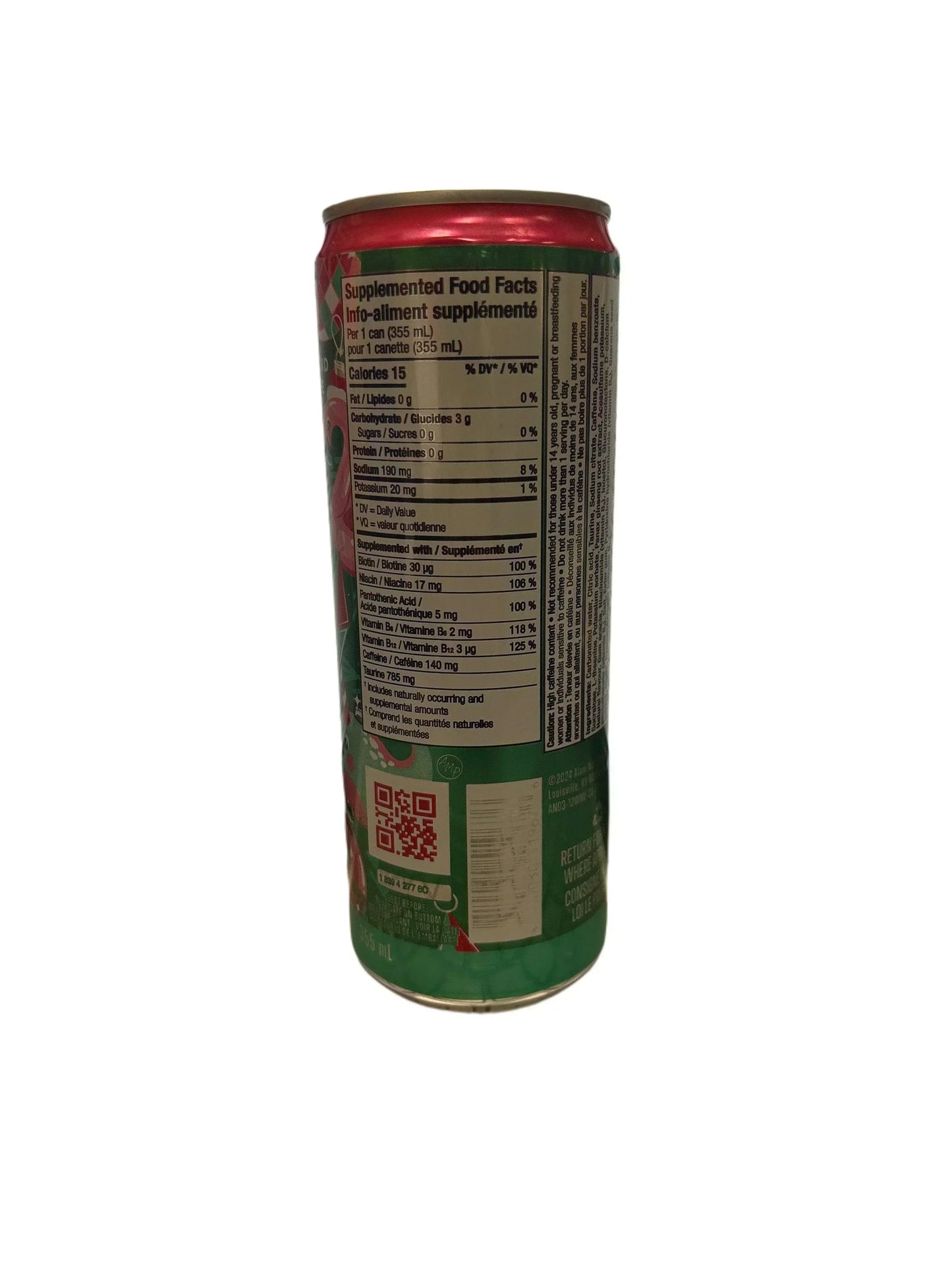 Back of an exotic soda can showing nutrition facts, green and red design, on white background
