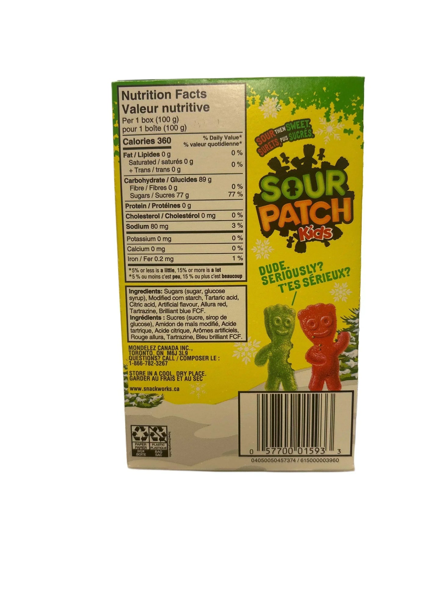 Back of Sour Patch Kids candy box showing nutrition facts, ingredients, and playful gummy figures.