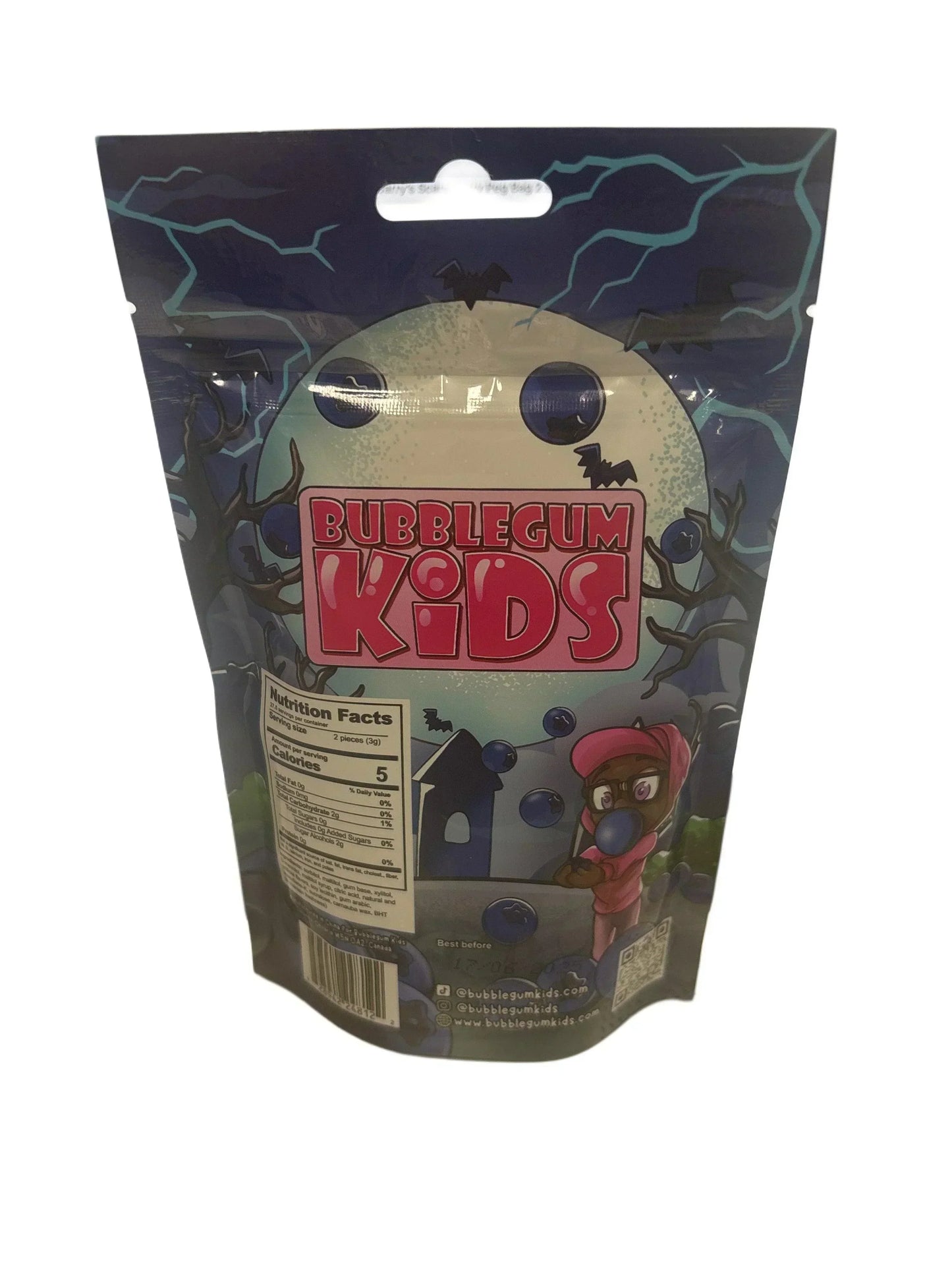 Bubblegum Kids candy pouch with cartoon art, nutrition facts, and blue bubblegum theme