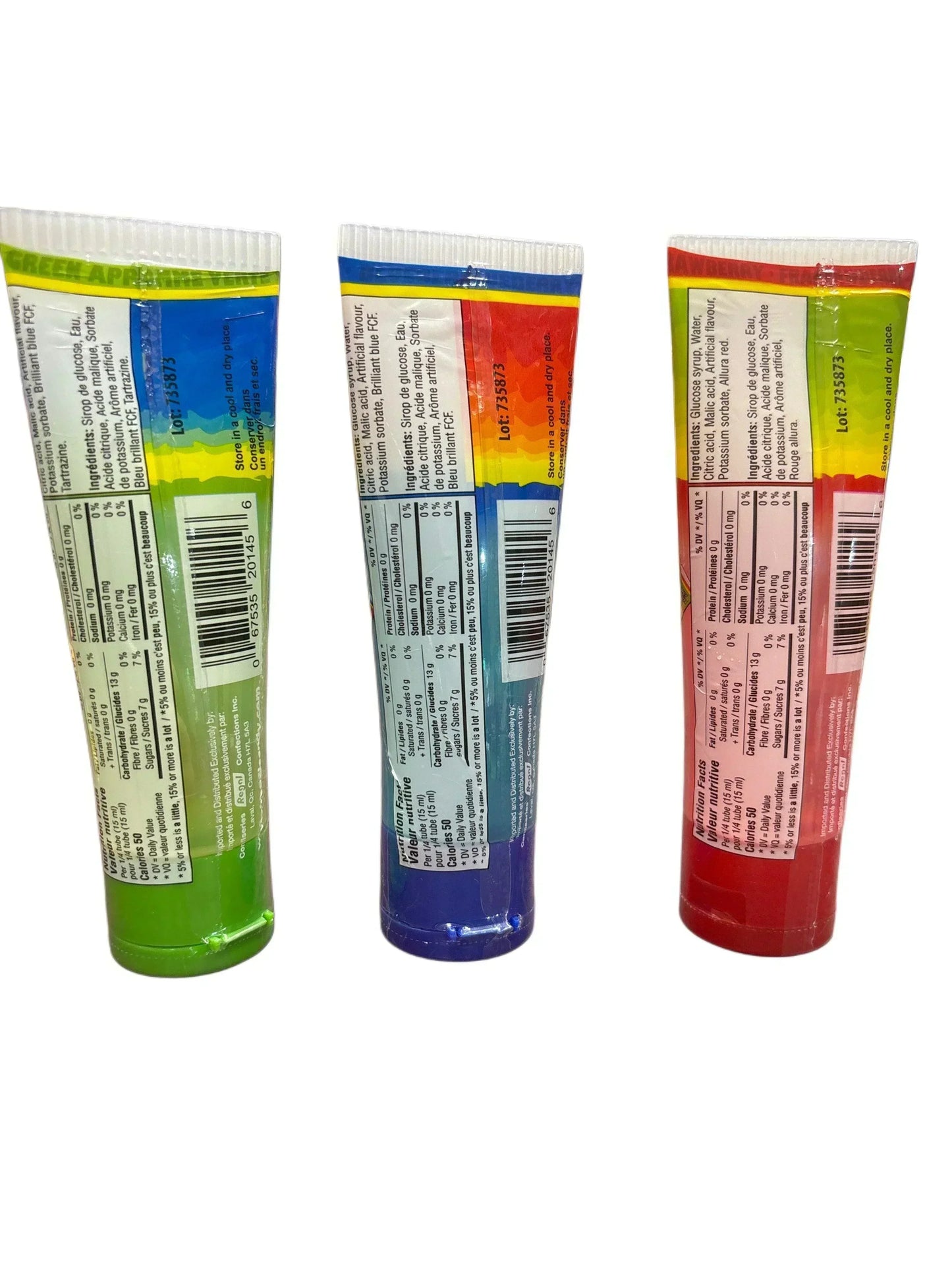 Three colorful exotic candy paste tubes with ingredient labels, green, blue, and red flavors