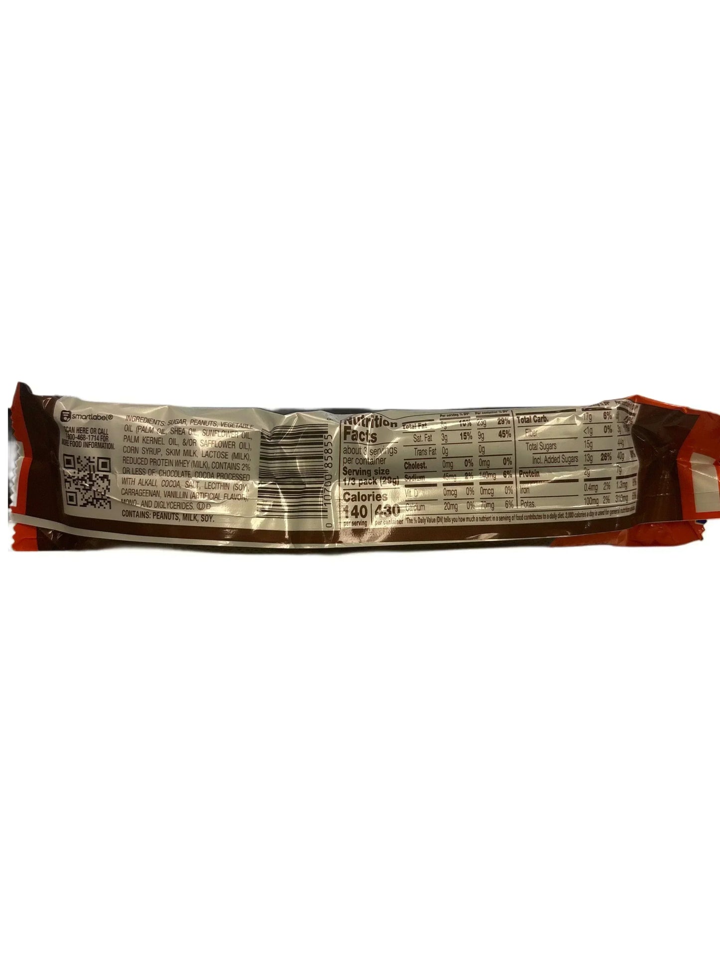 Back of candy bar wrapper showing nutrition facts and ingredients, exotic snacks