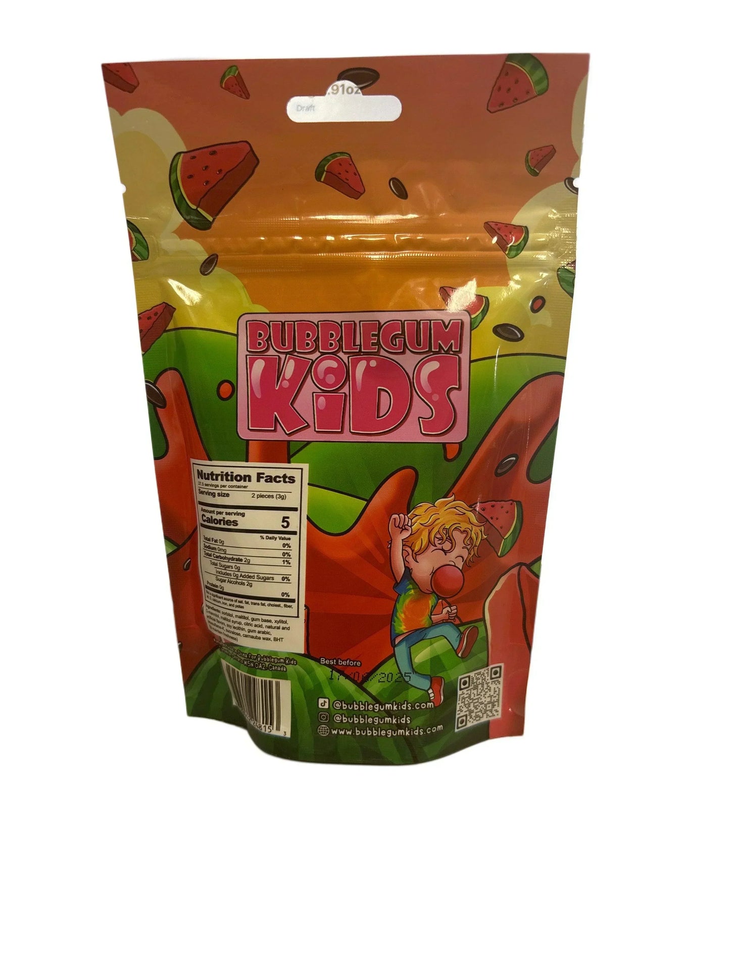 Bubblegum Kids watermelon exotic candy packaging with nutrition facts, playful design.