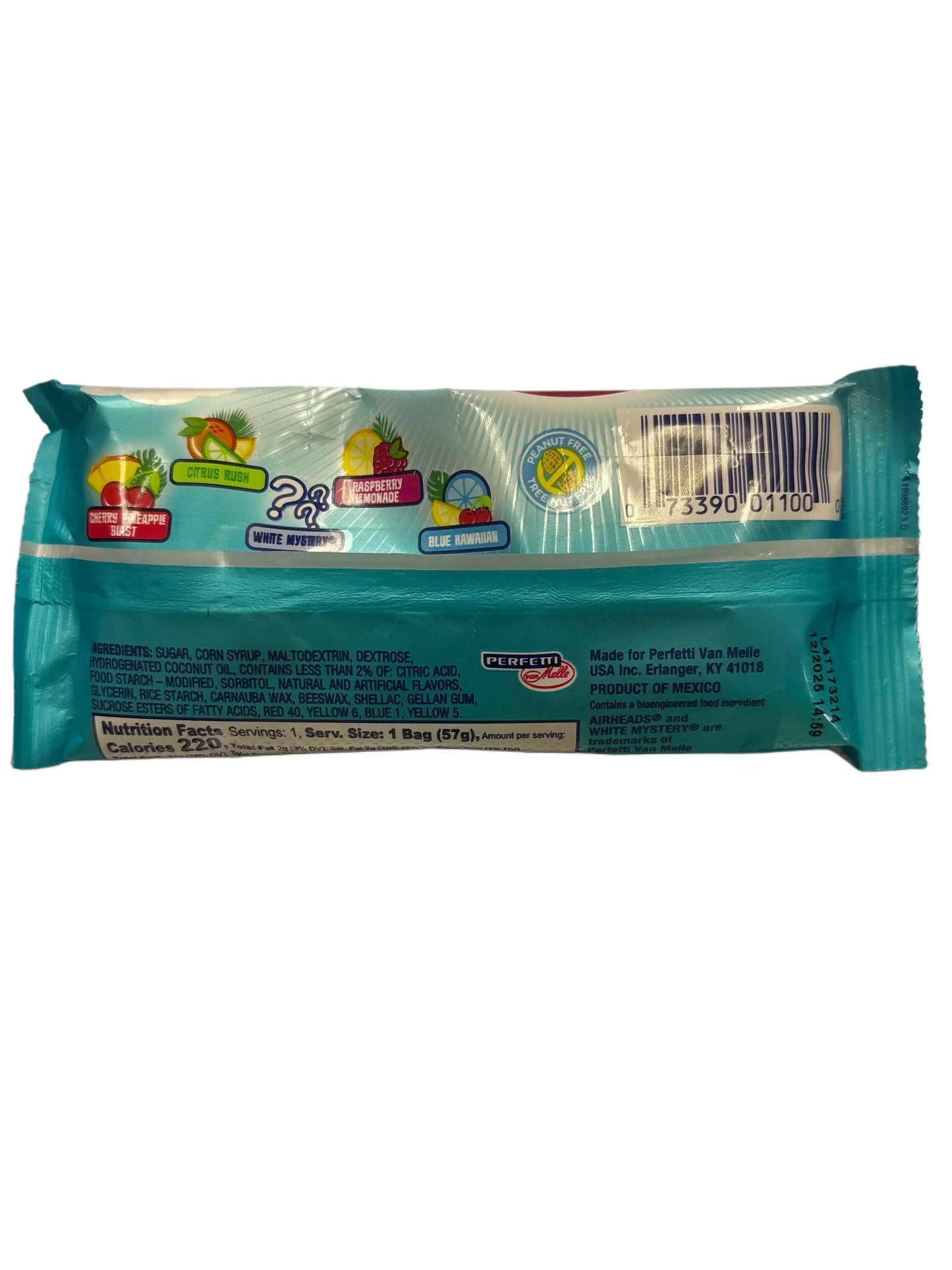 Back of exotic candy bag showing flavors like citrus, pineapple, raspberry, and nutrition facts