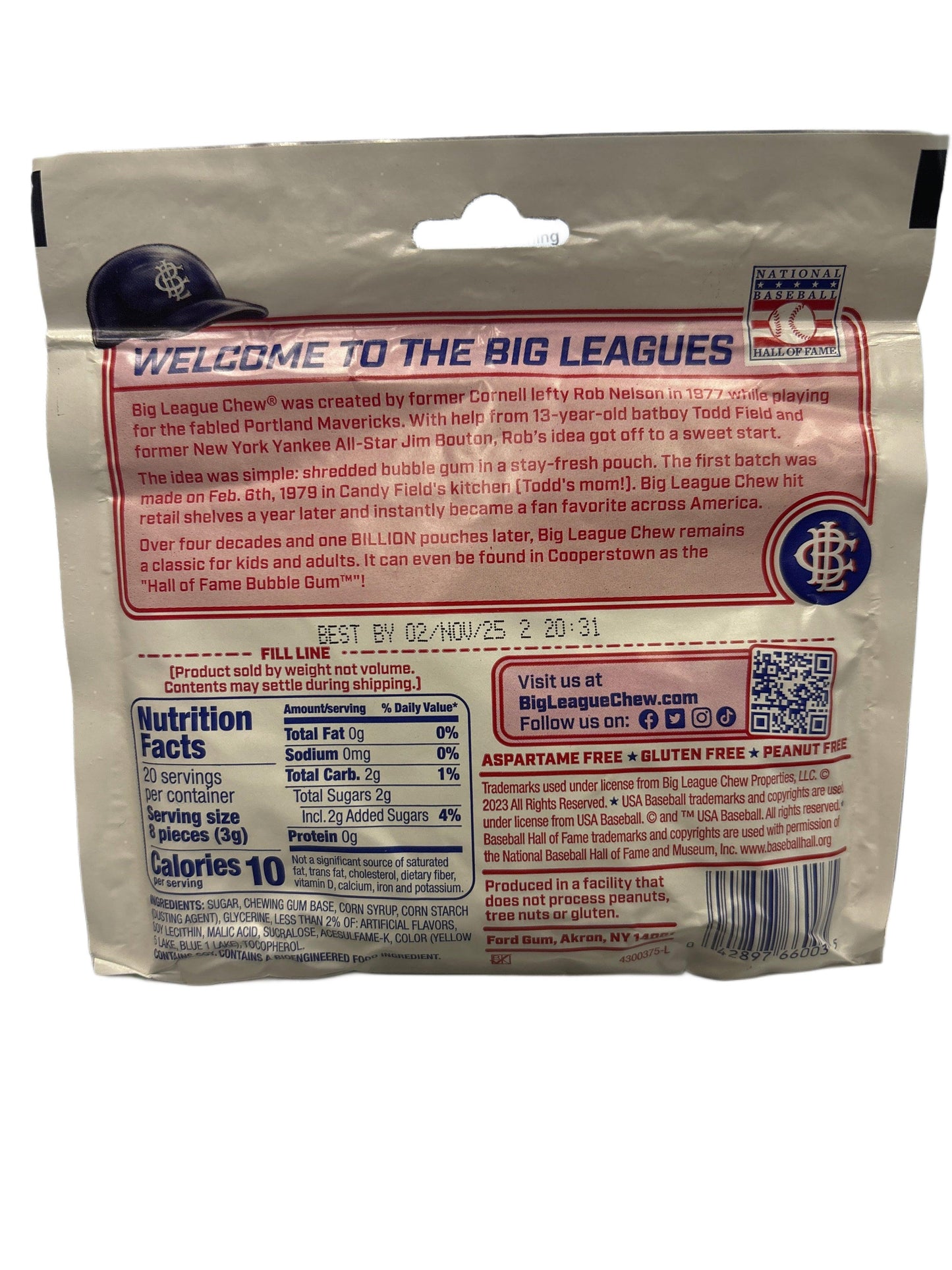 Back of Big League Chew bubble gum pouch with nutrition facts and product story