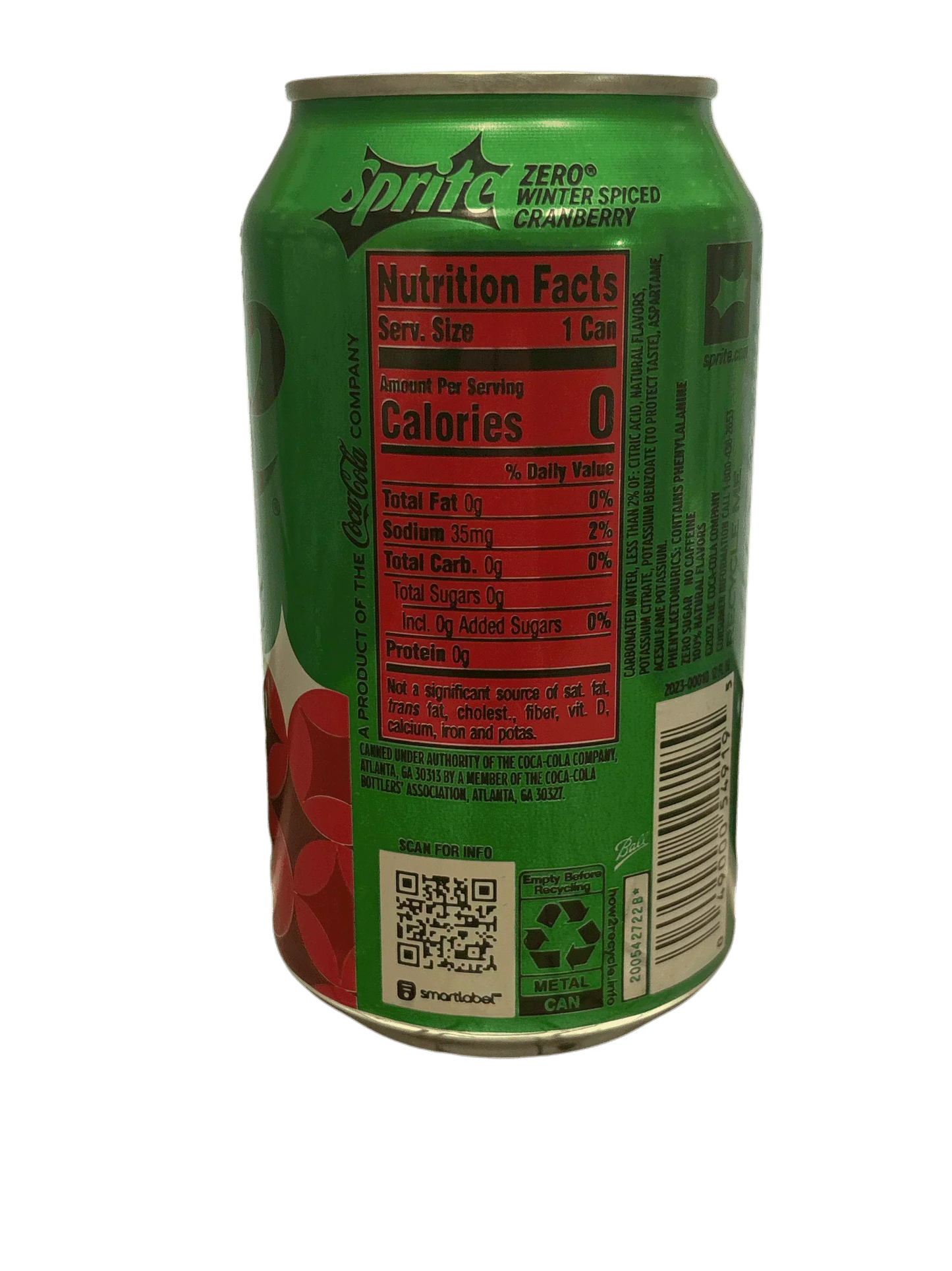 Sprite Zero Winter Spiced Cranberry can with nutrition facts and cranberry design
