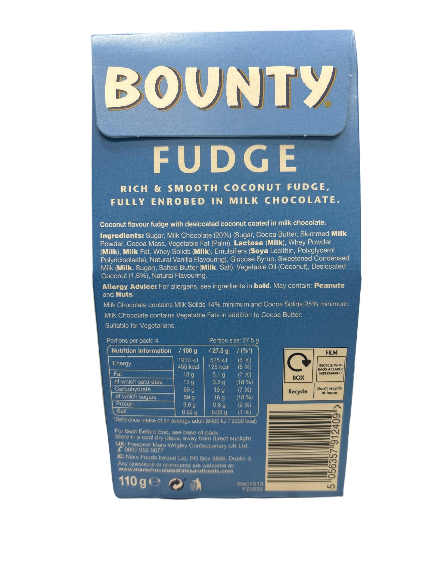 Back of Bounty Fudge coconut chocolate snack box, showing ingredients, nutrition facts, and barcode