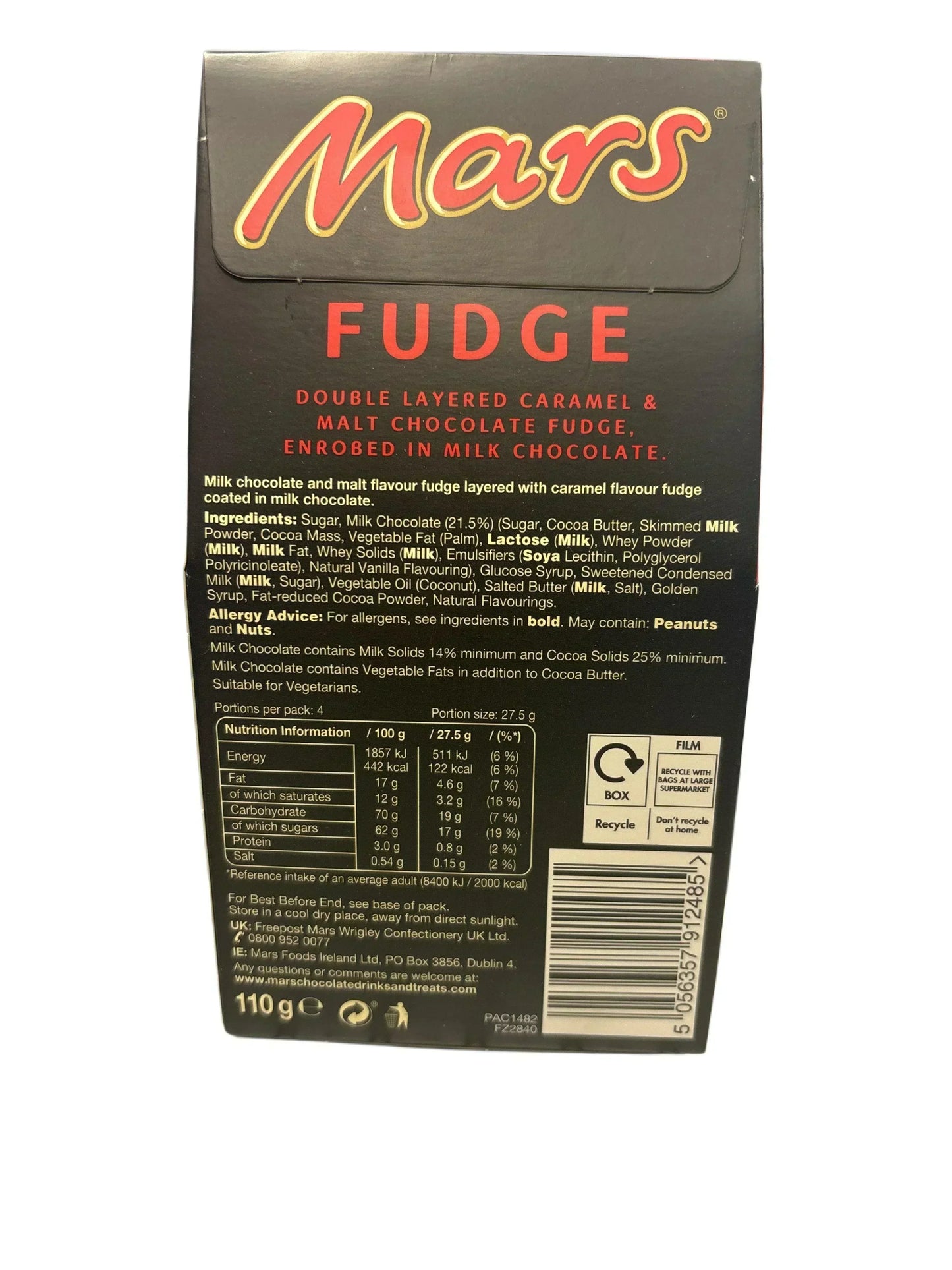 Mars Fudge box with caramel and malt chocolate fudge ingredients and nutrition info