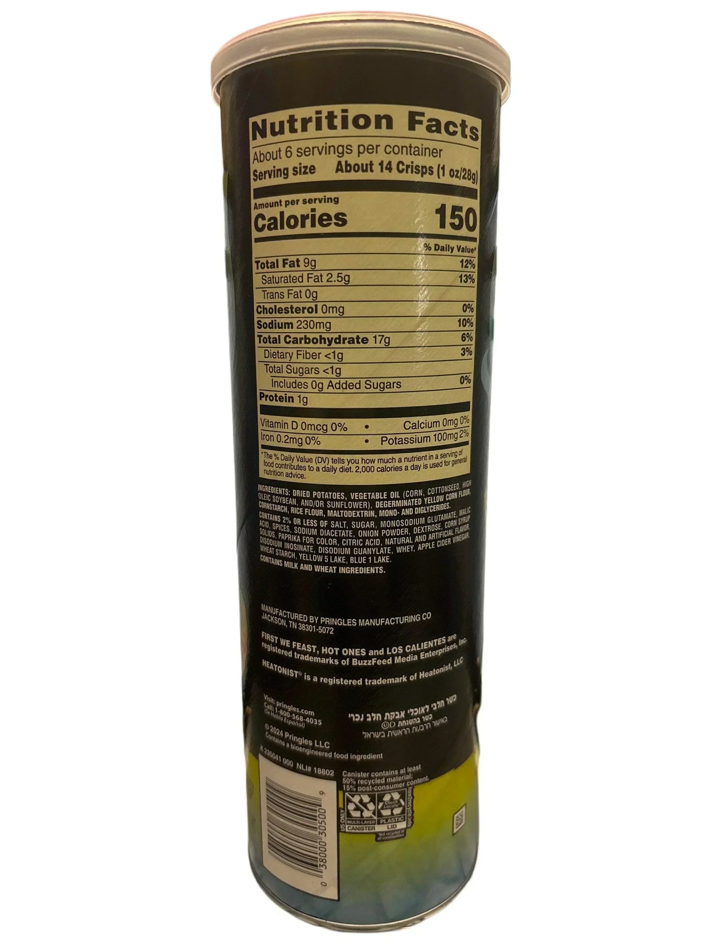 Back of a Pringles Hot Ones chips can showing nutrition facts and ingredients label.