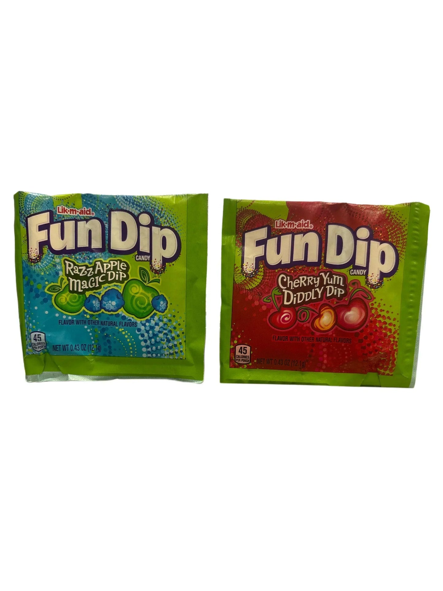 Fun Dip candy packs in Razz Apple Magic Dip and Cherry Yum Diddly Dip exotic flavors
