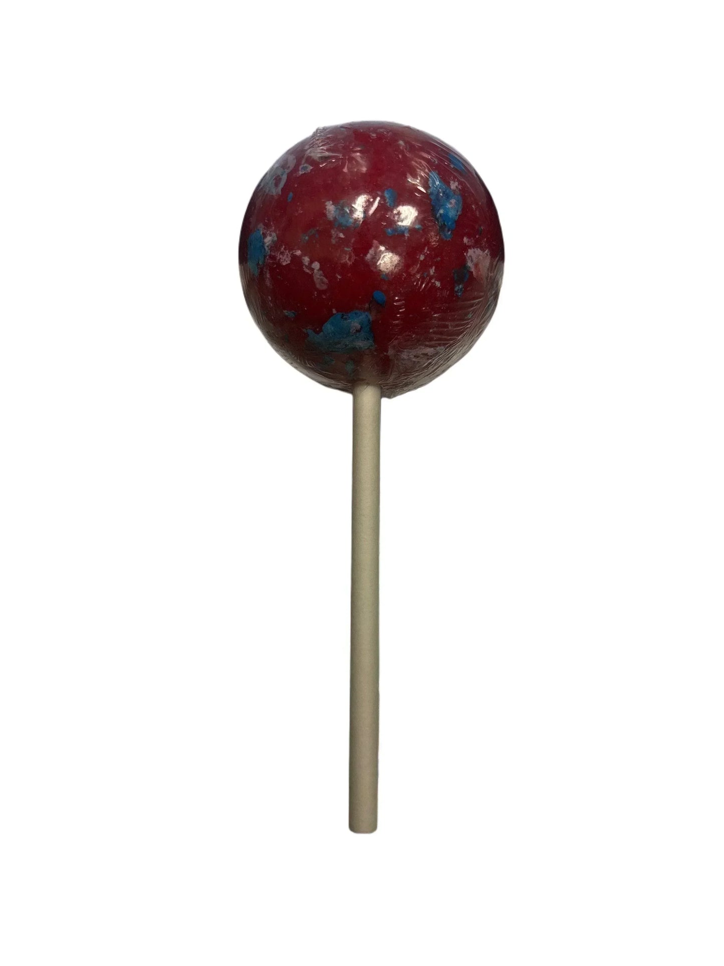 Large red and blue speckled lollipop candy on a white stick, exotic snack treat