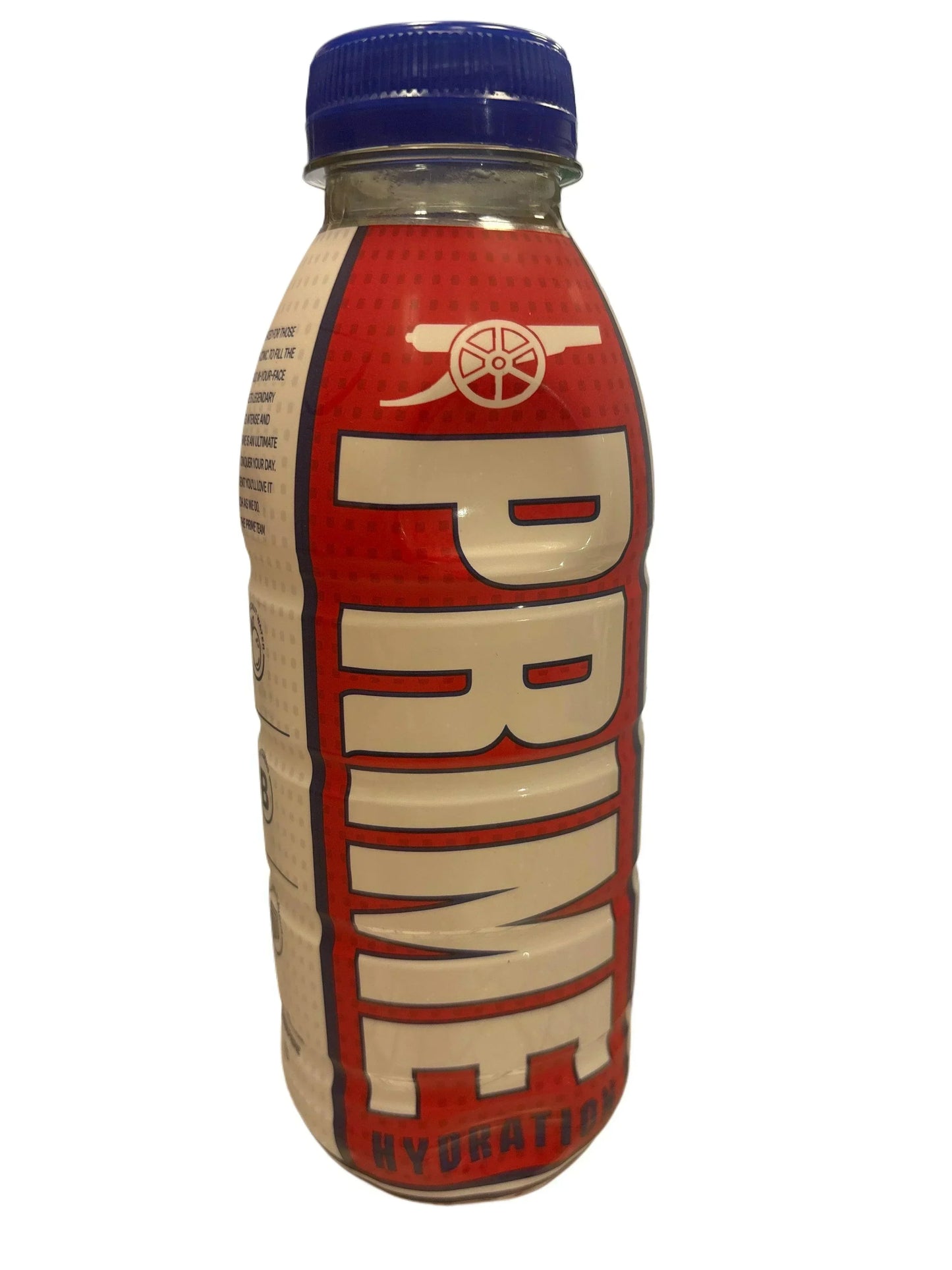 Red and white Prime Hydration drink bottle with blue cap, exotic beverage import