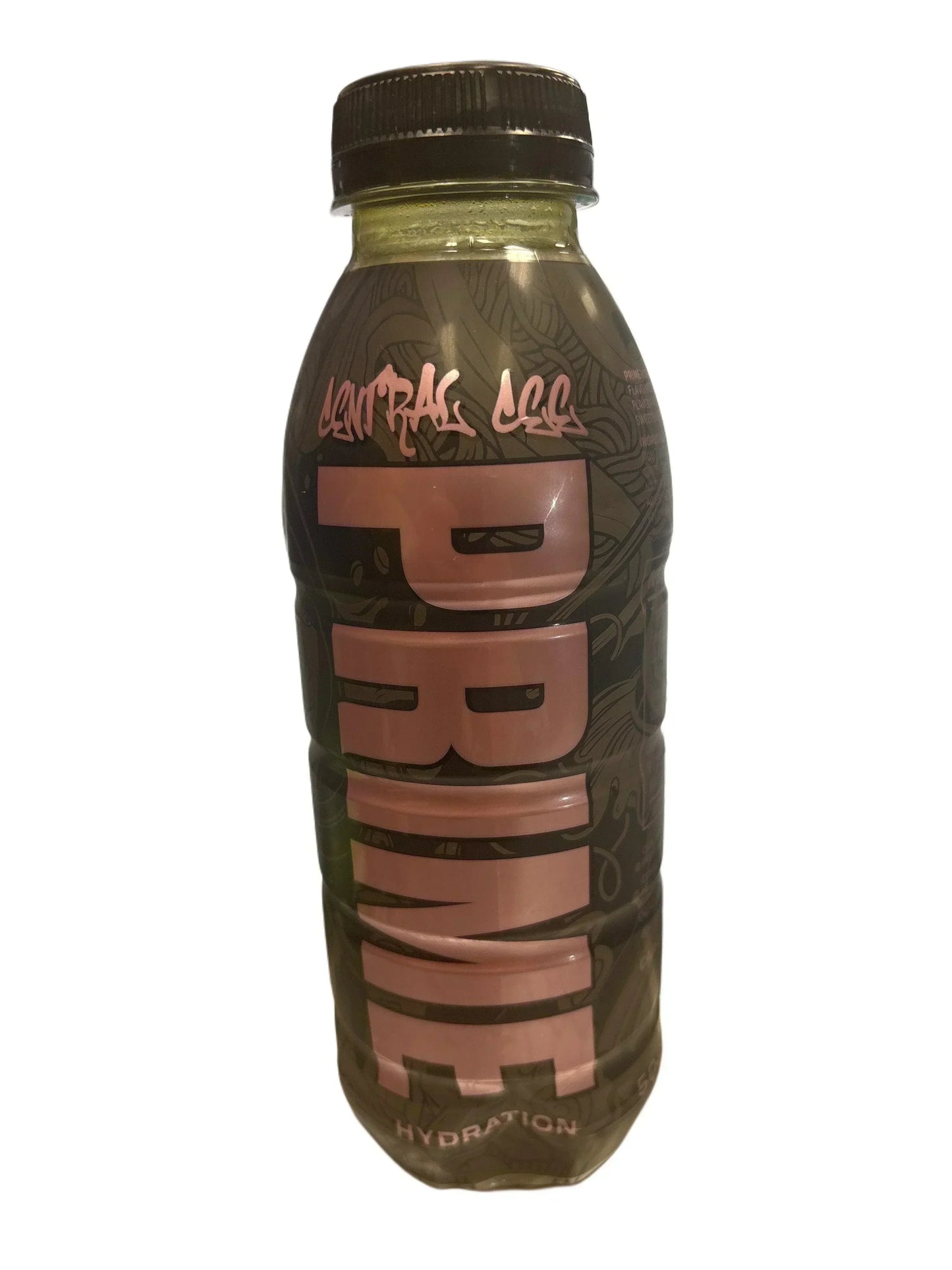 Prime Hydration exotic drink bottle with pink graffiti text and unique patterned label