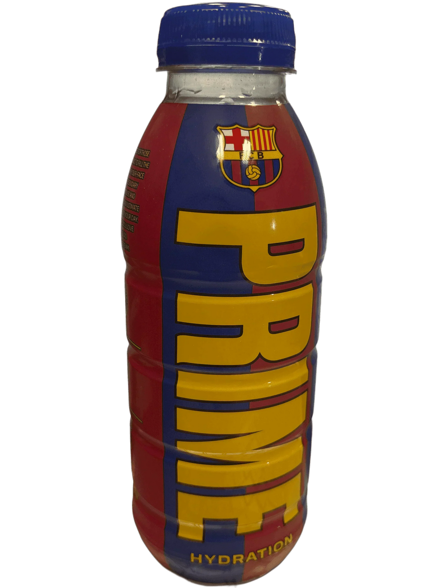 Prime Hydration drink bottle with blue, red, and yellow Barcelona-inspired label
