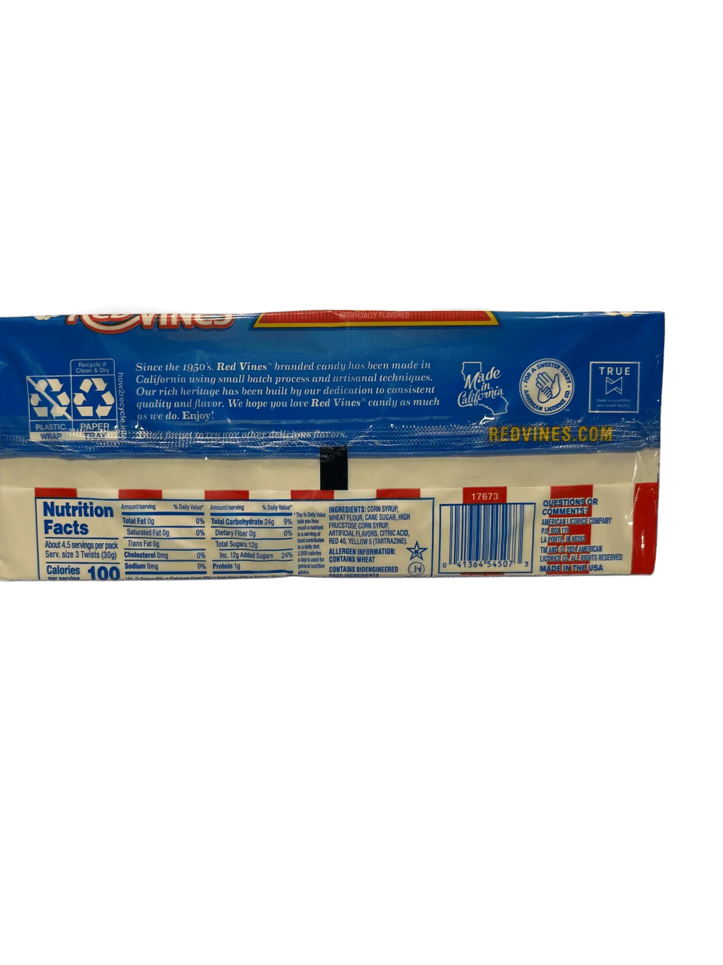 Back of Red Vines candy package showing nutrition facts, ingredients, and recycling icons