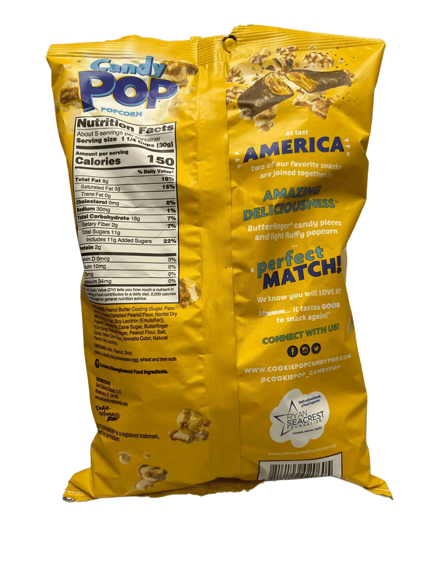 Back of Candy Pop Popcorn Butterfinger snack bag with nutrition facts and product details