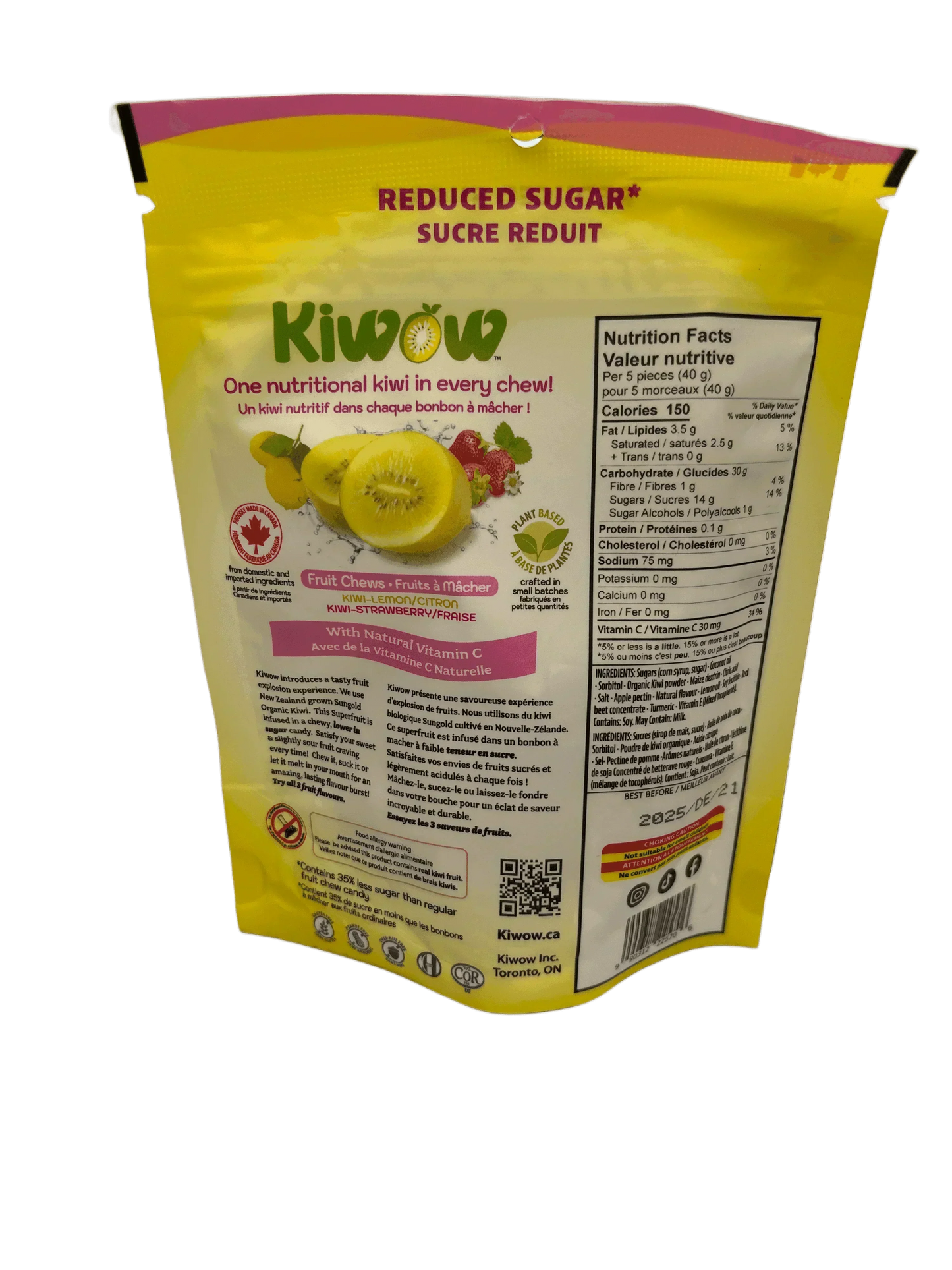 Back of KiWow reduced sugar kiwi fruit chews, nutritional info, plant-based, exotic snack
