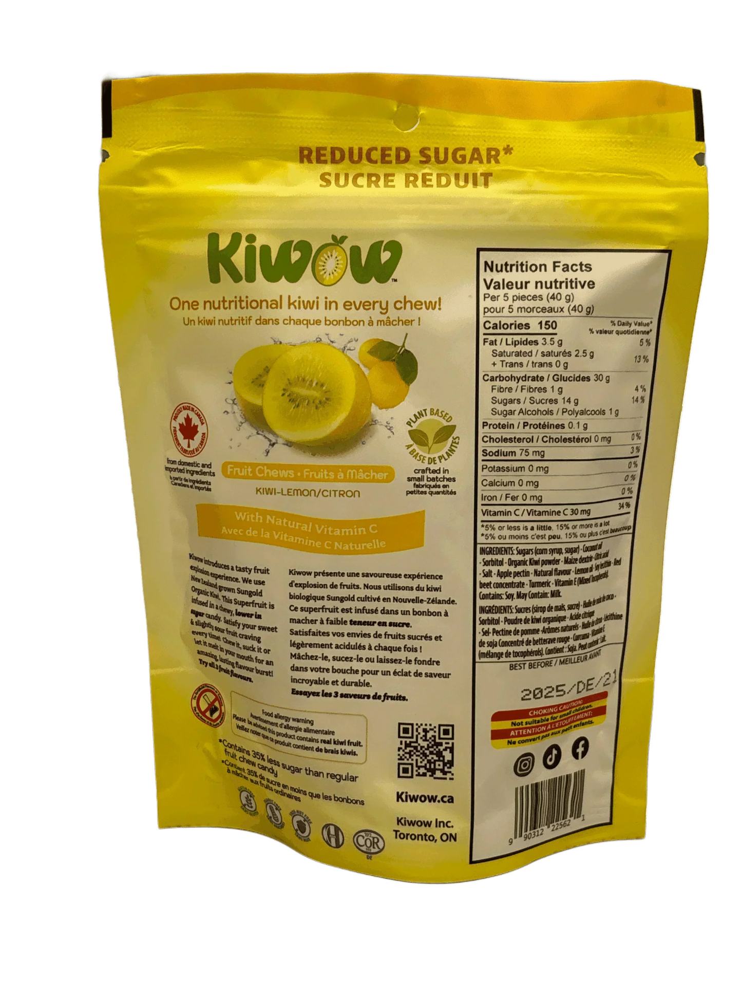 Kiwi and lemon fruit chews bag, reduced sugar, plant-based exotic snack with nutrition facts.