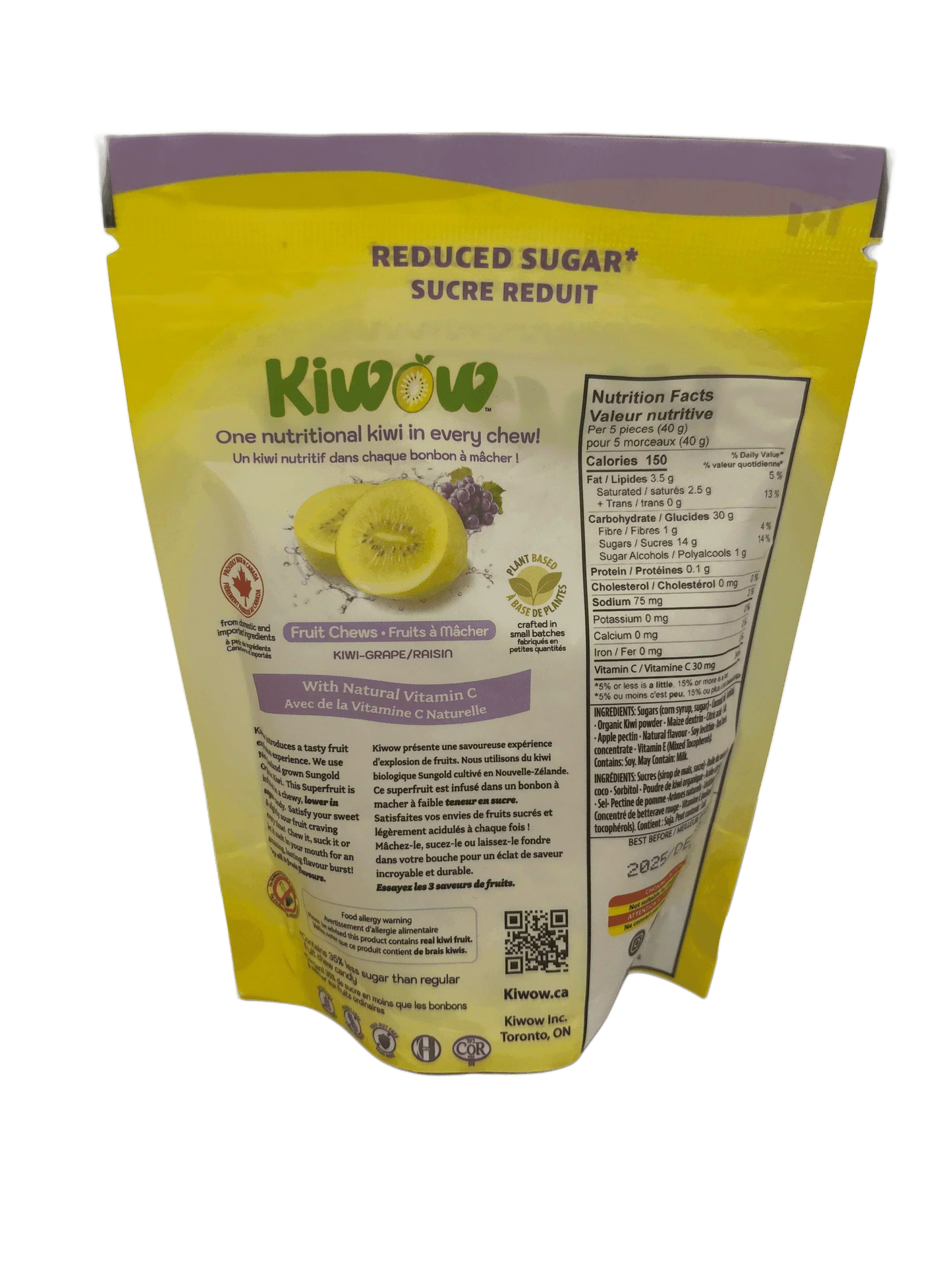 Back of KiWow kiwi-grape fruit chews pouch, showing nutrition facts and reduced sugar label