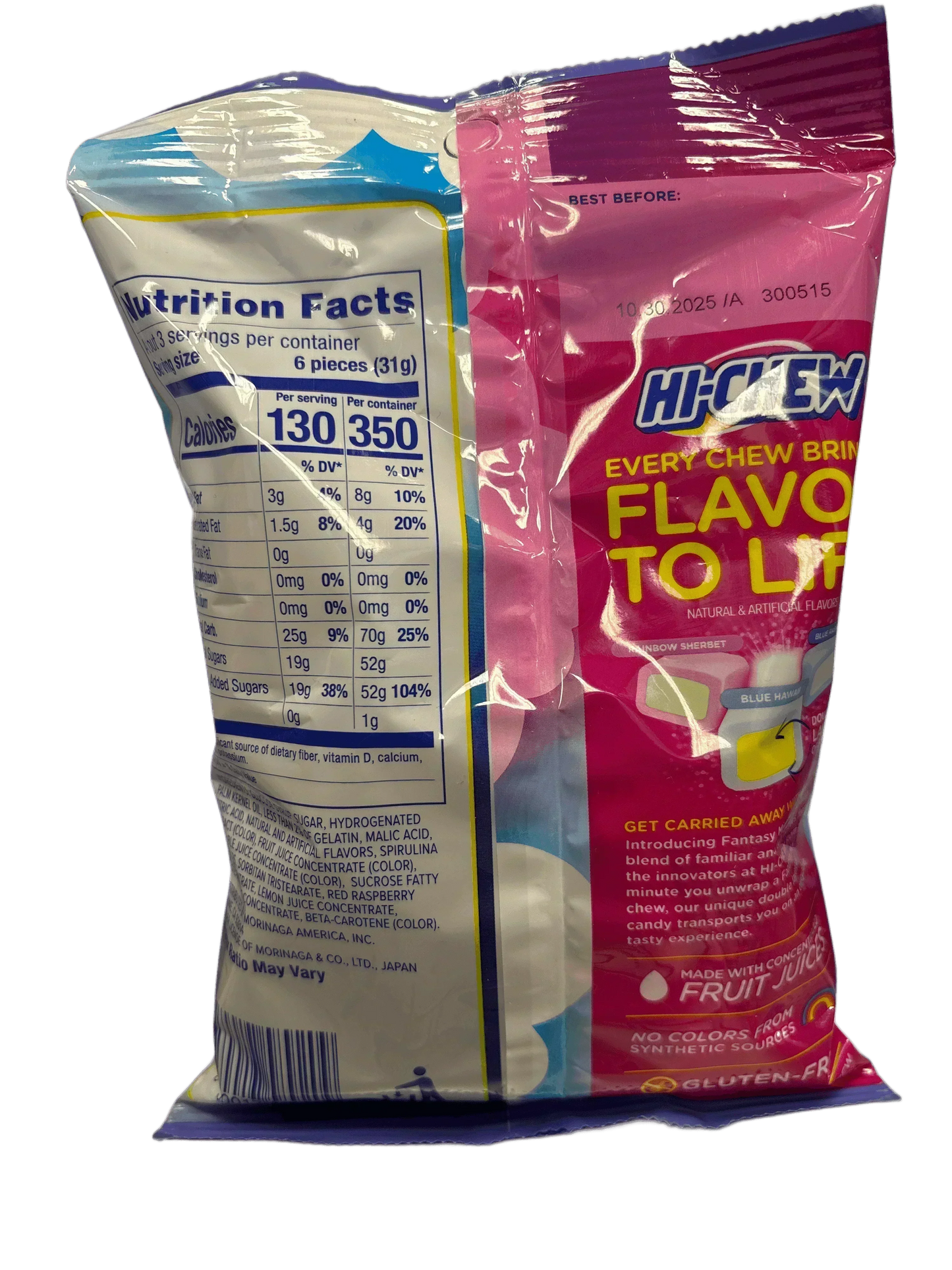 Back of Hi-Chew exotic flavored chewy candy package with nutrition facts and gluten-free label