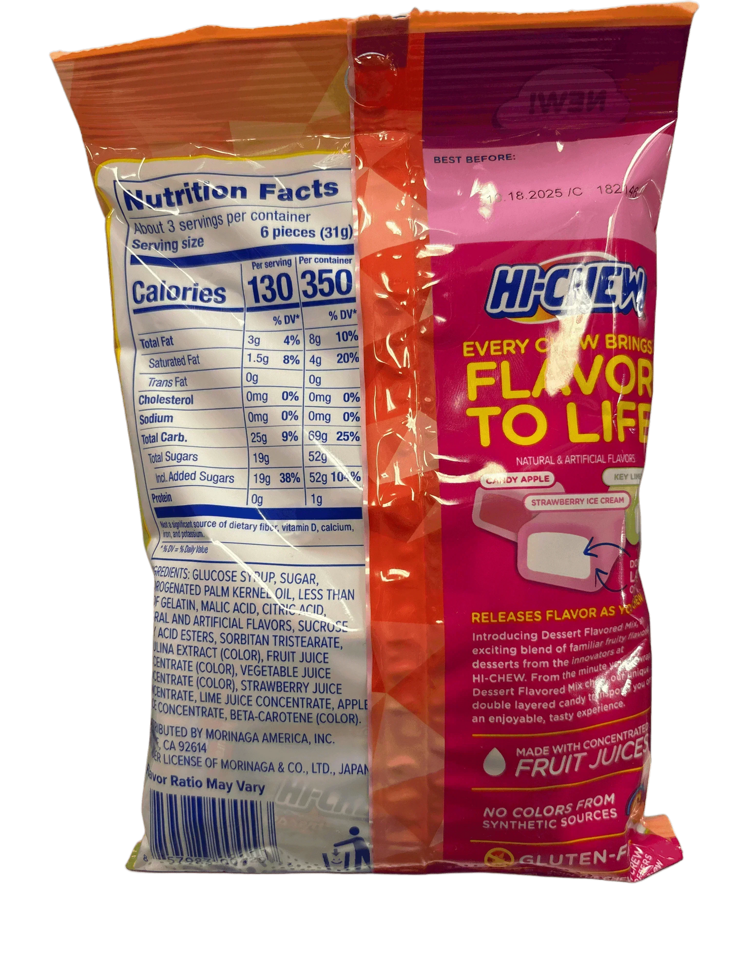 Back of Hi-Chew candy package showing nutrition facts and fruit juice ingredients