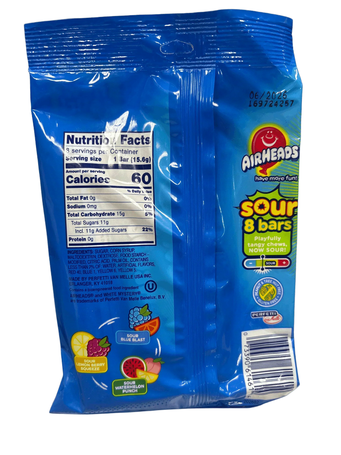 Back of Airheads Sour 8 Bars candy pack with nutrition facts and flavor graphics