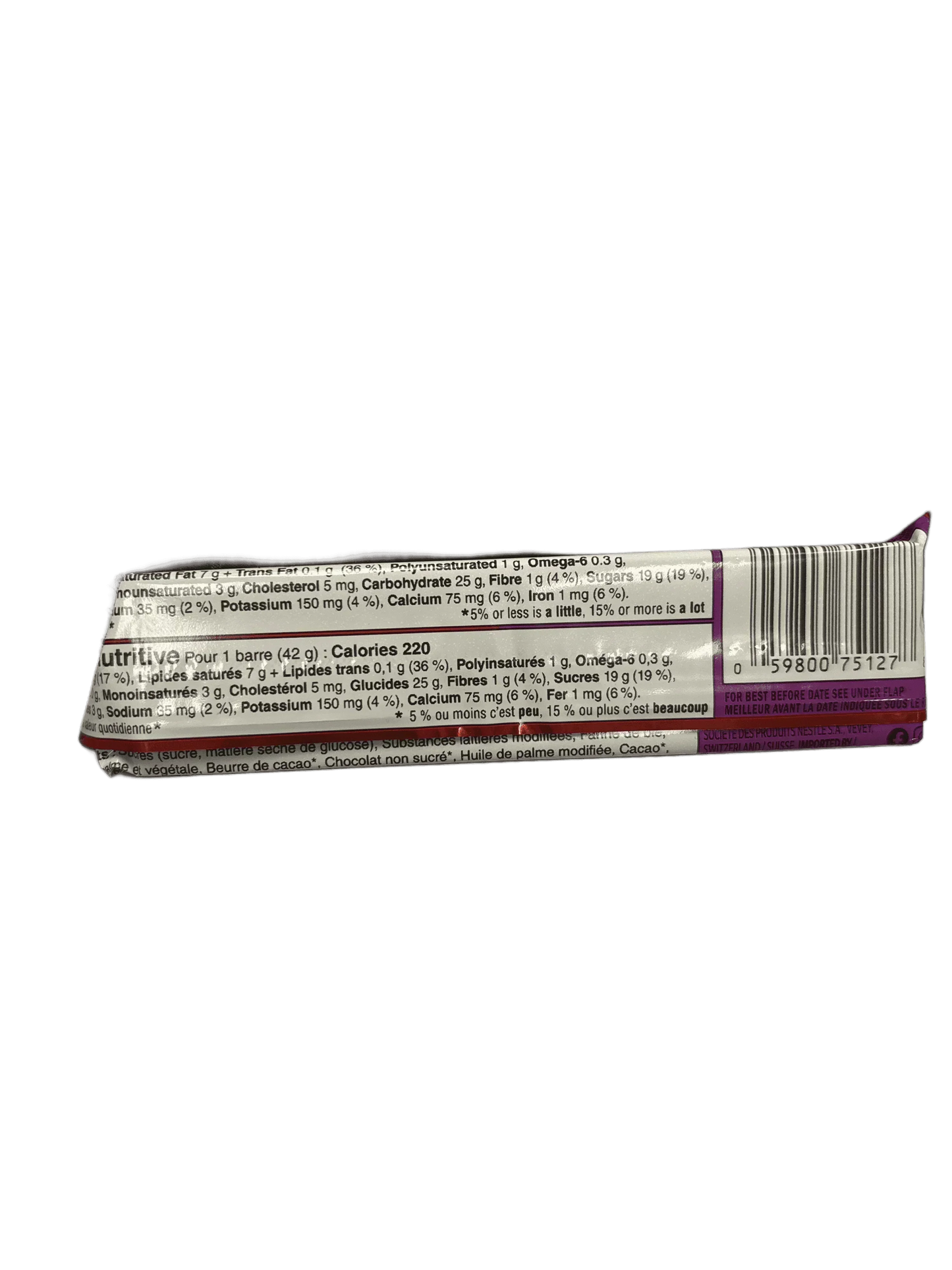 Close-up of nutrition facts and barcode on an exotic snack bar wrapper