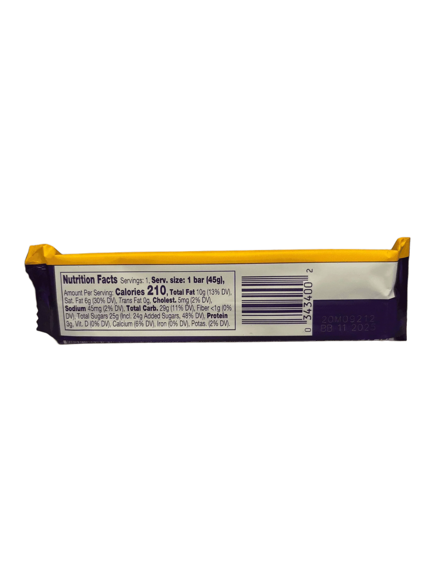 Back of a candy bar showing nutrition facts label and barcode on purple and yellow packaging.