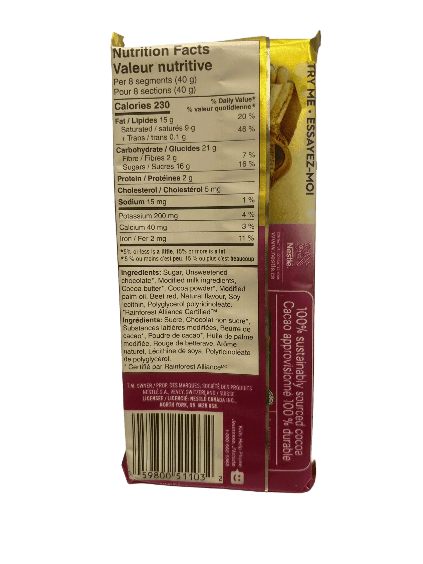 Back of an imported chocolate snack bar showing nutrition facts and ingredients