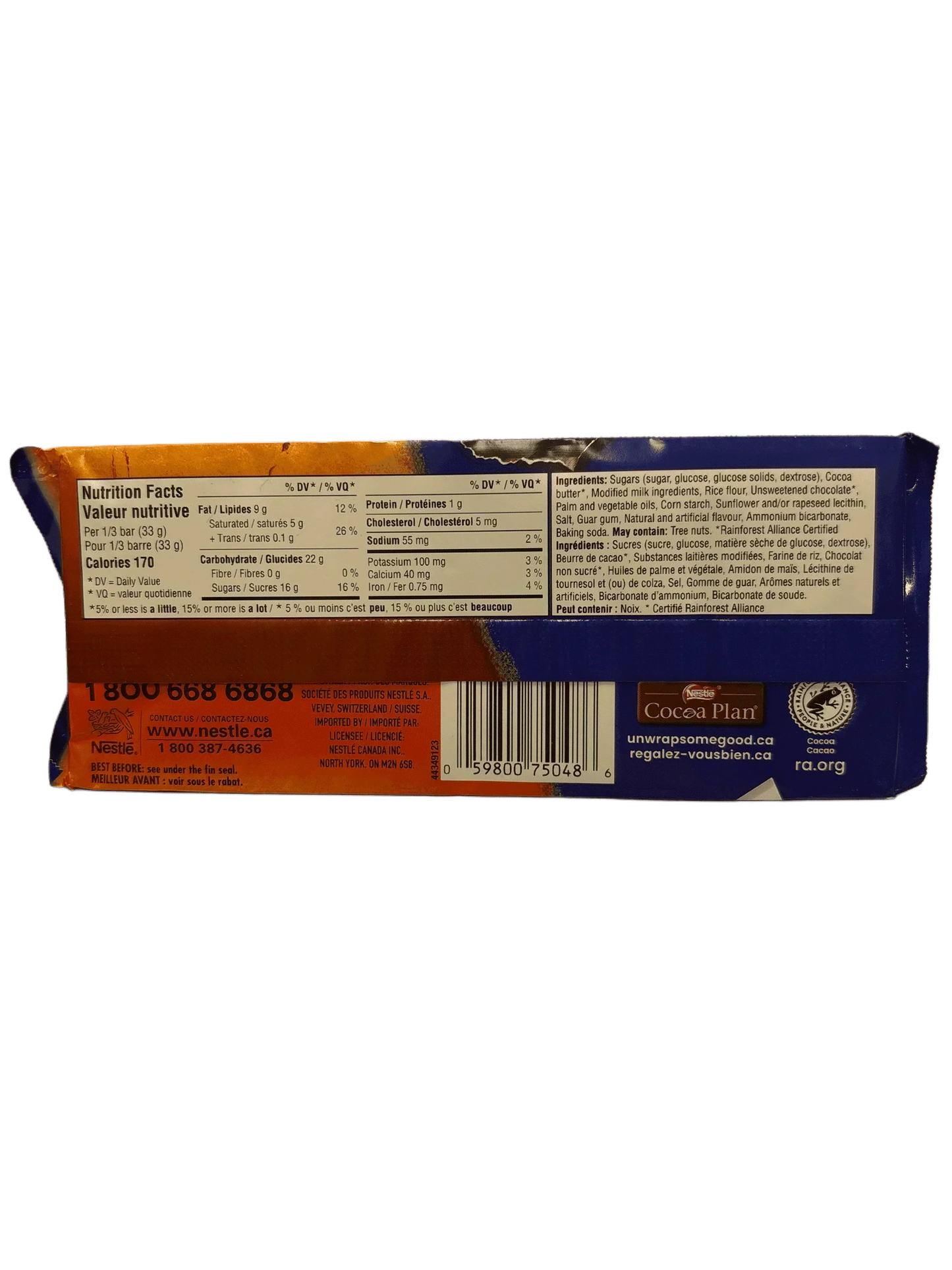 Back of imported chocolate bar wrapper showing nutrition facts and ingredients list.