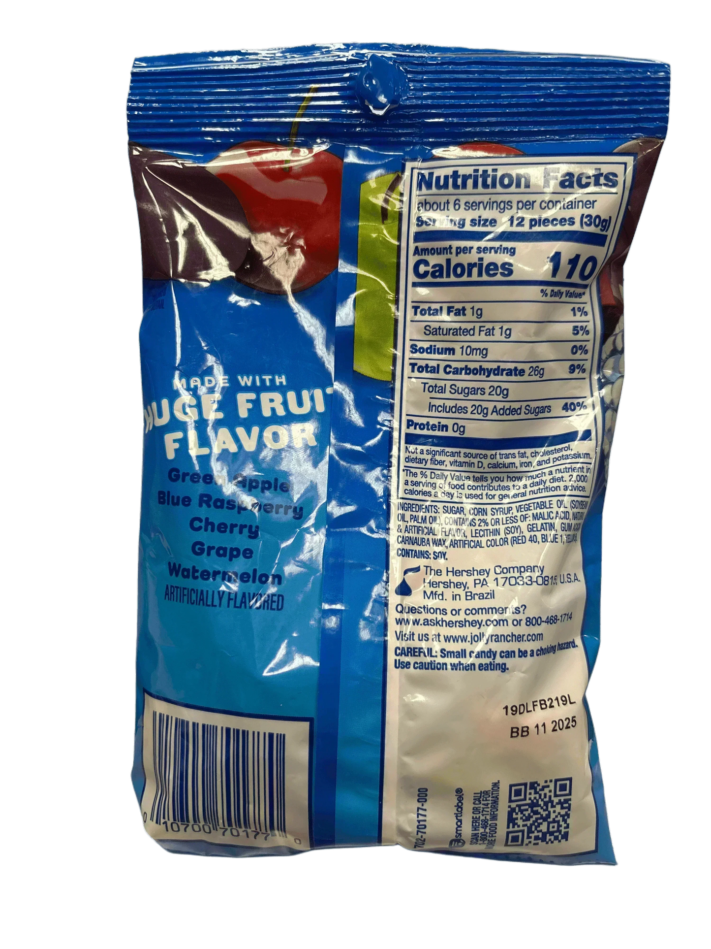Back of assorted fruit-flavored candy bag showing nutrition facts and ingredients